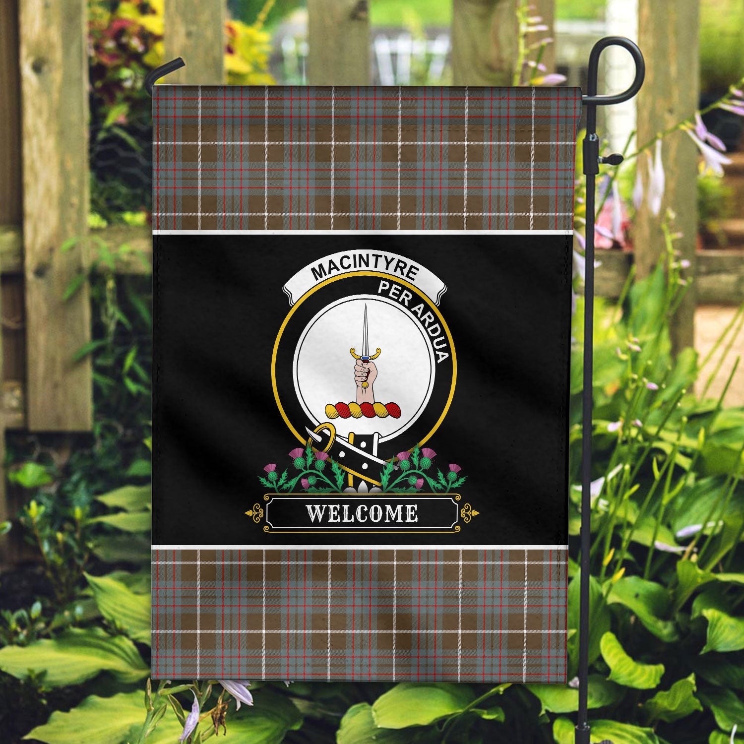 Clan MacIntyre Hunting Weathered Tartan Crest Garden Flag  - Welcome  OE82 Clan MacIntyre Tartan Today   