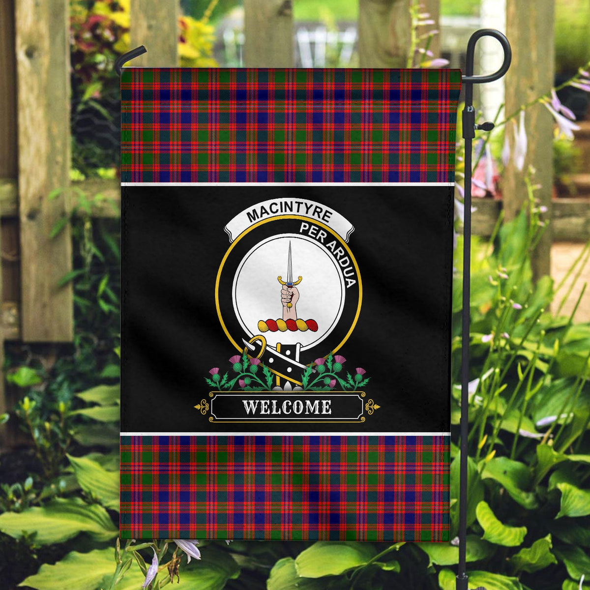 Clan MacIntyre Modern Tartan Crest Garden Flag  - Welcome  GG91 Clan MacIntyre Tartan Today   