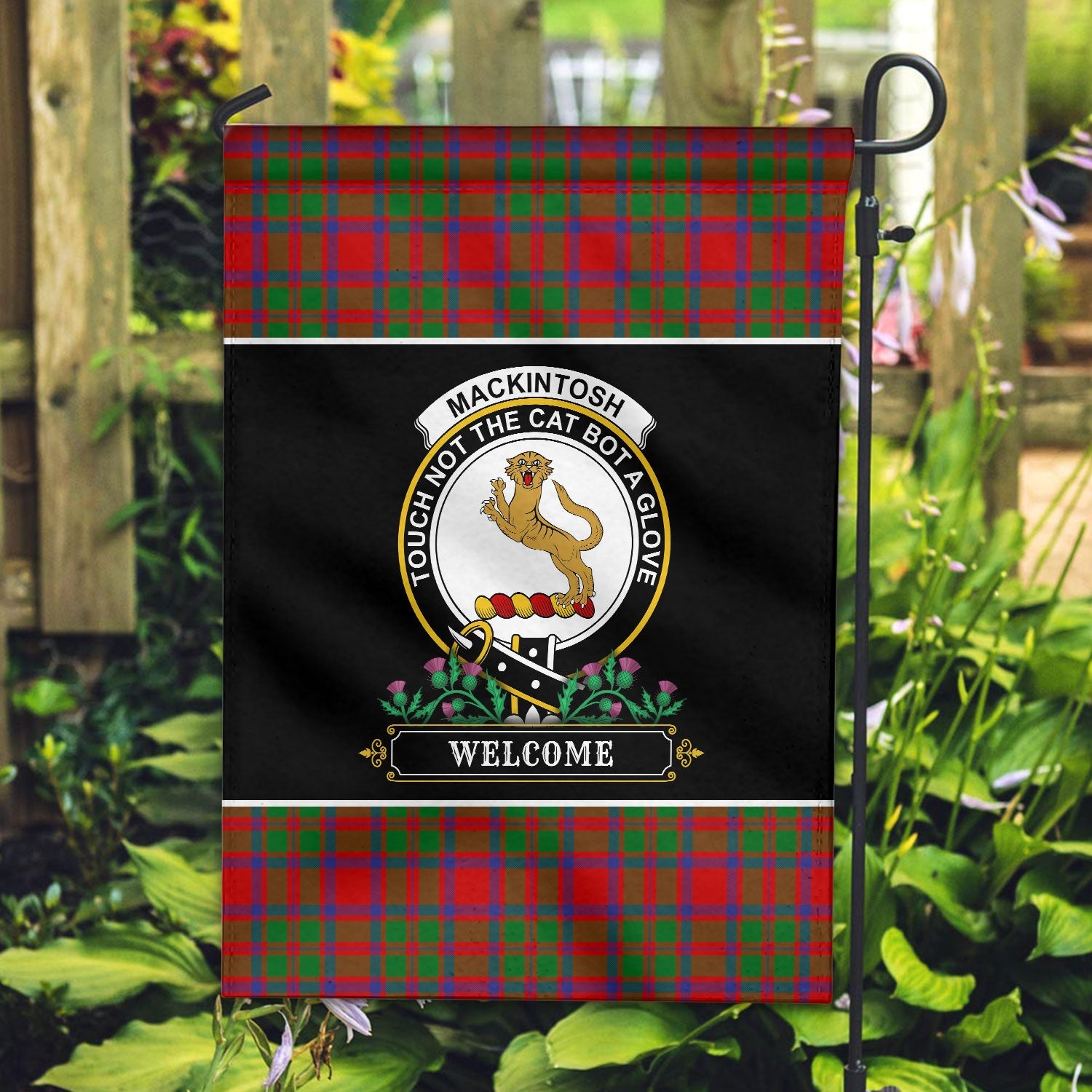 Clan MacKintosh Modern Tartan Crest Garden Flag  - Welcome  TZ56 Clan MacKintosh / MacIntosh Tartan Today   