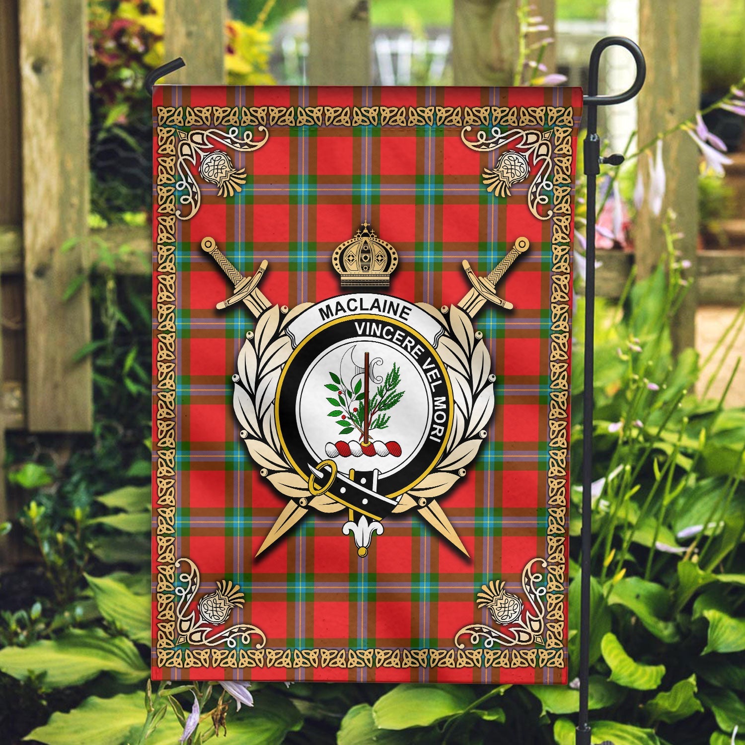 Clan MacLaine of Loch Buie Tartan Crest Garden Flag  - Celtic Thistle  UK11 Clan Garden Tartan Today   