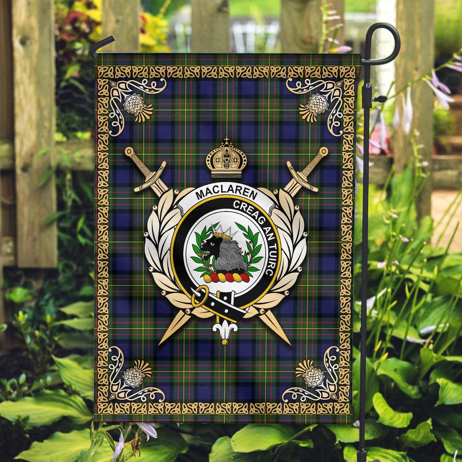 Clan MacLaren Modern Tartan Crest Garden Flag  - Celtic Thistle  KJ85 Clan Garden Tartan Today   