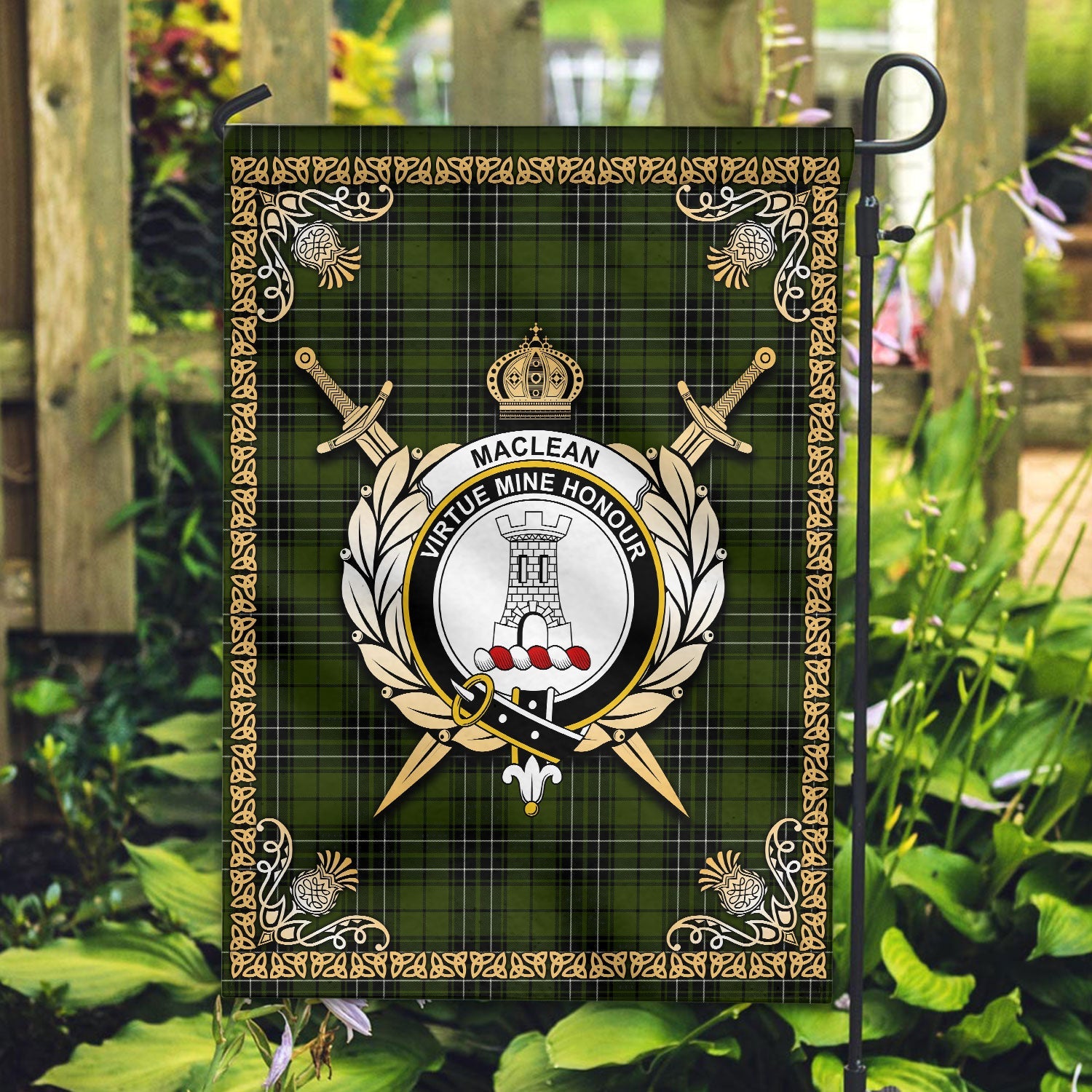 Clan MacLean Hunting Tartan Crest Garden Flag  - Celtic Thistle  UF64 Clan Garden Tartan Today   
