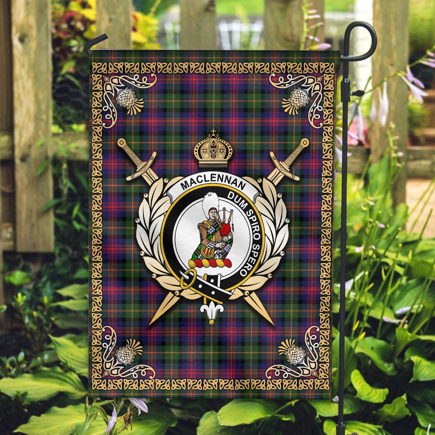 Clan MacLennan Modern Tartan Crest Garden Flag  - Celtic Thistle  LG10 Clan Garden Tartan Today   