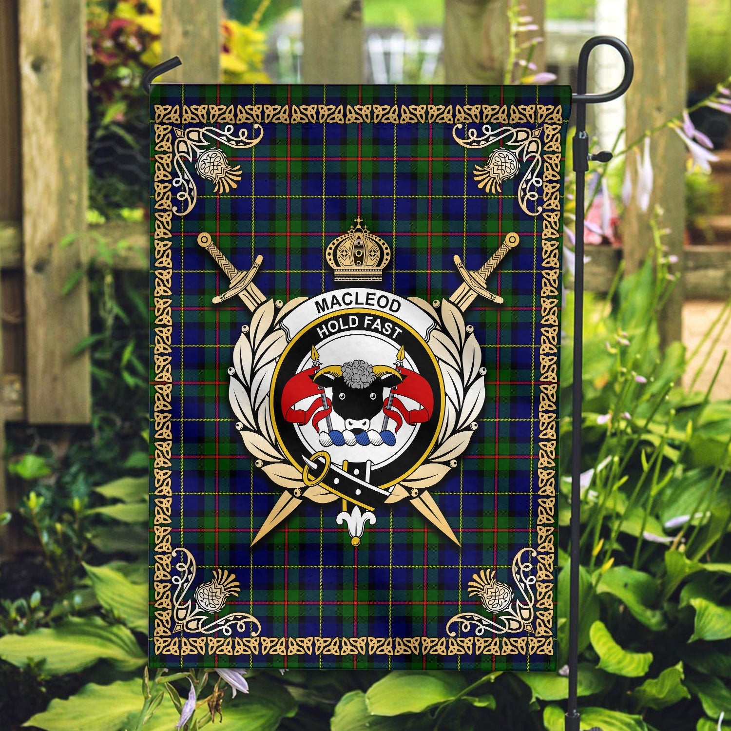 Clan MacLeod of Harris Modern Tartan Crest Garden Flag  - Celtic Thistle  SJ47 Clan Garden Tartan Today   