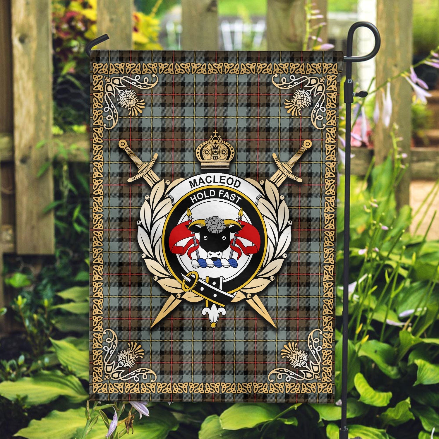 Clan MacLeod of Harris Weathered Tartan Crest Garden Flag  - Celtic Thistle  LI80 Clan Garden Tartan Today   