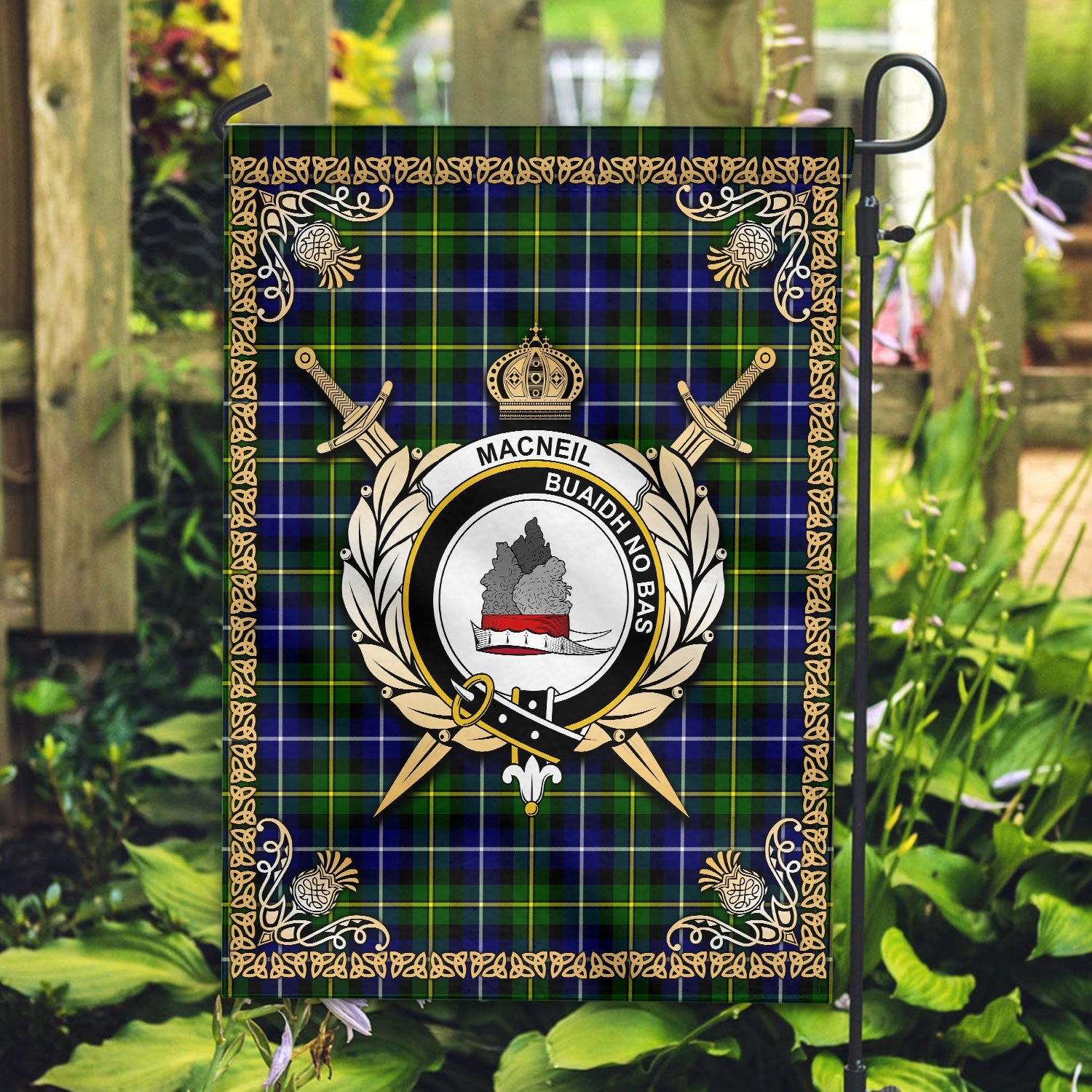 Clan MacNeil of Barra Modern Tartan Crest Garden Flag  - Celtic Thistle  CK43 Clan MacNeil / MacNeill Tartan Today   