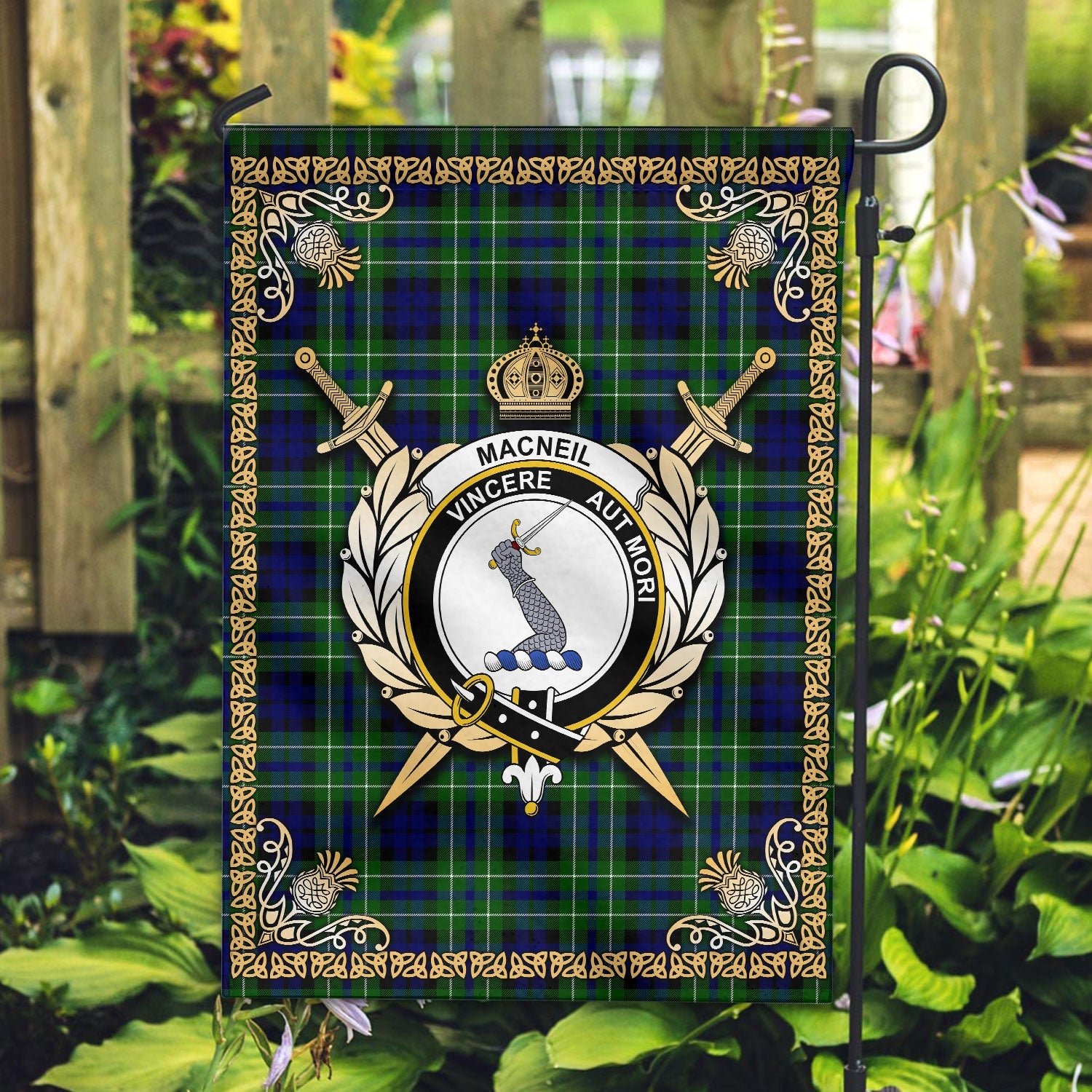 Clan MacNeil of Colonsay Modern Tartan Crest Garden Flag  - Celtic Thistle  DJ41 Clan MacNeil / MacNeill Tartan Today   