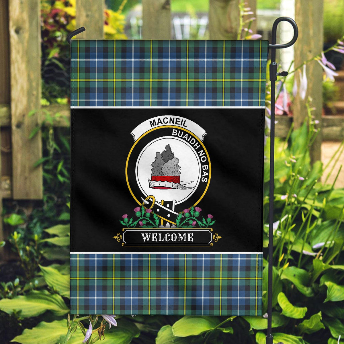 Clan MacNeill of Barra Ancient Tartan Crest Garden Flag  - Welcome  HL79 Clan MacNeil / MacNeill Tartan Today   