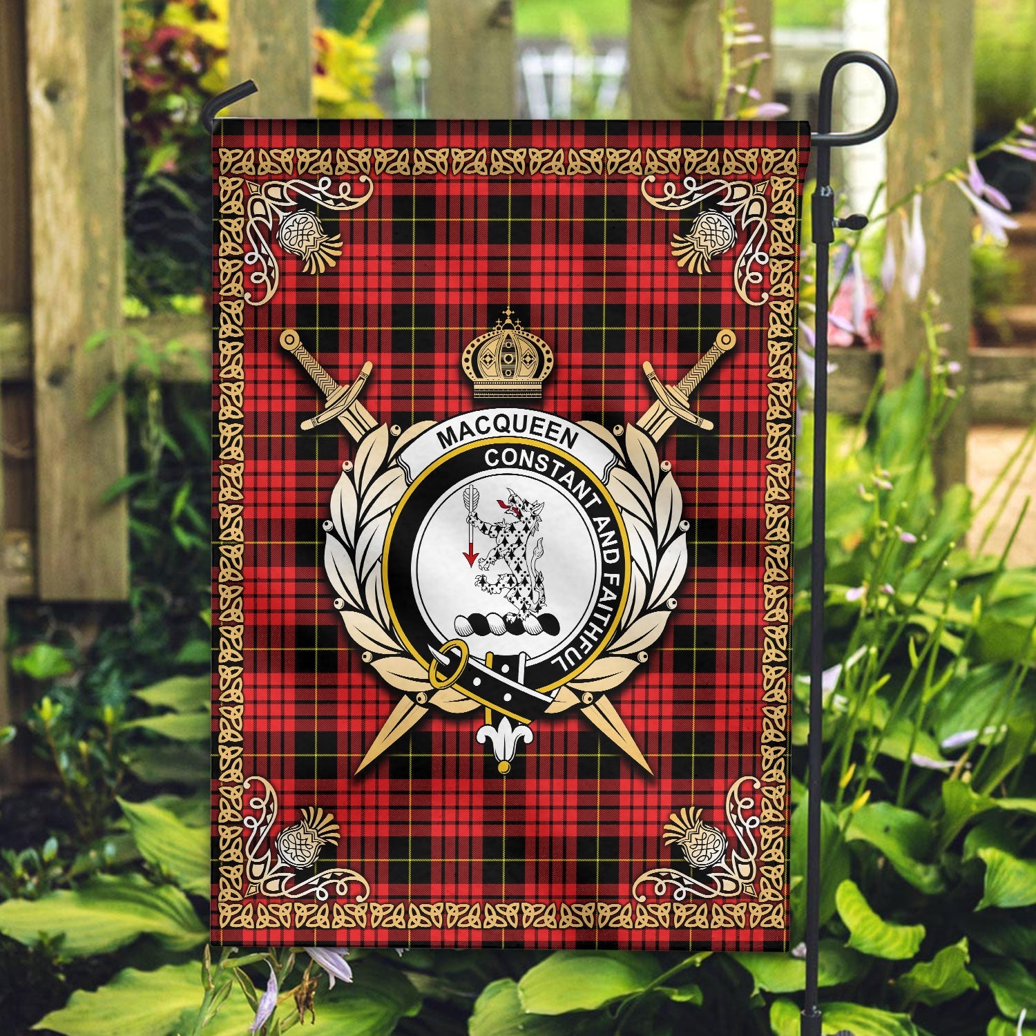 Clan MacQueen Modern Tartan Crest Garden Flag  - Celtic Thistle  PK80 Clan MacQueen Tartan Today   