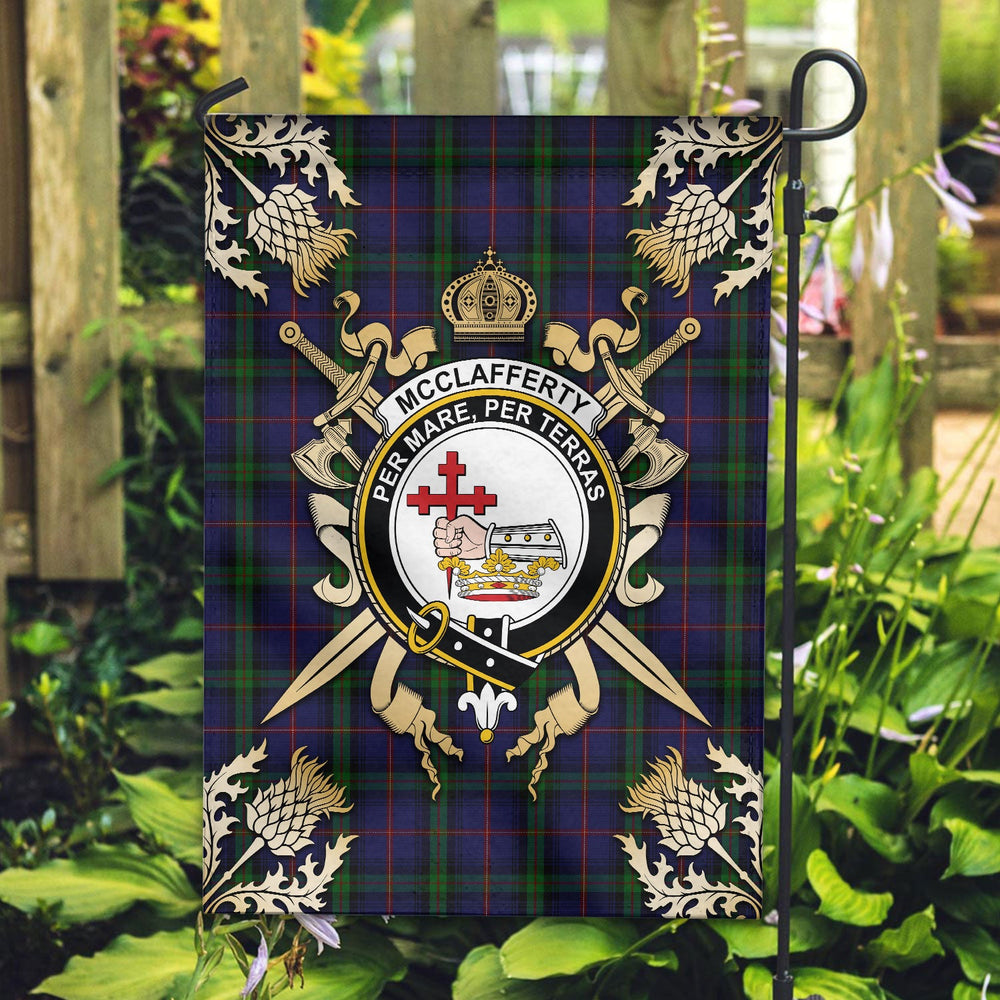Clan McClafferty Tartan Crest Black Garden Flag  - Gold Thistle  HH27 Clan Garden Tartan Today   