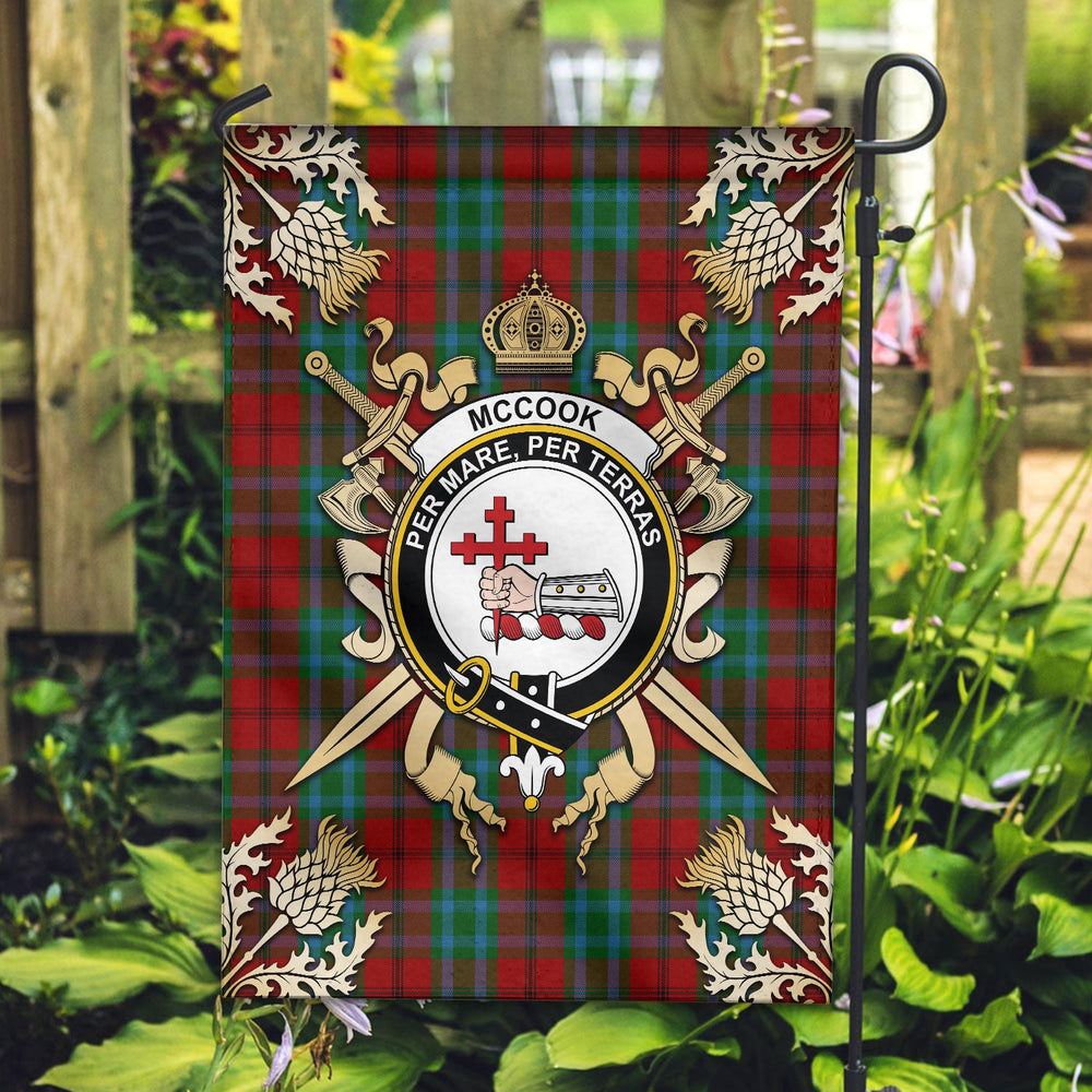 Clan McCook Tartan Crest Black Garden Flag  - Gold Thistle  LG12 Clan Garden Tartan Today   