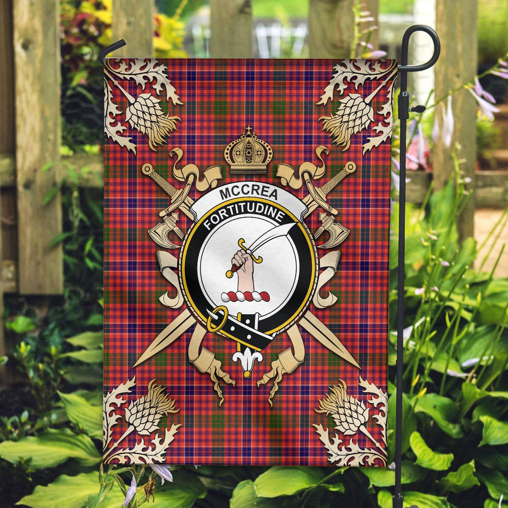 Clan McCrea Tartan Crest Black Garden Flag  - Gold Thistle  QB77 Clan Garden Tartan Today   