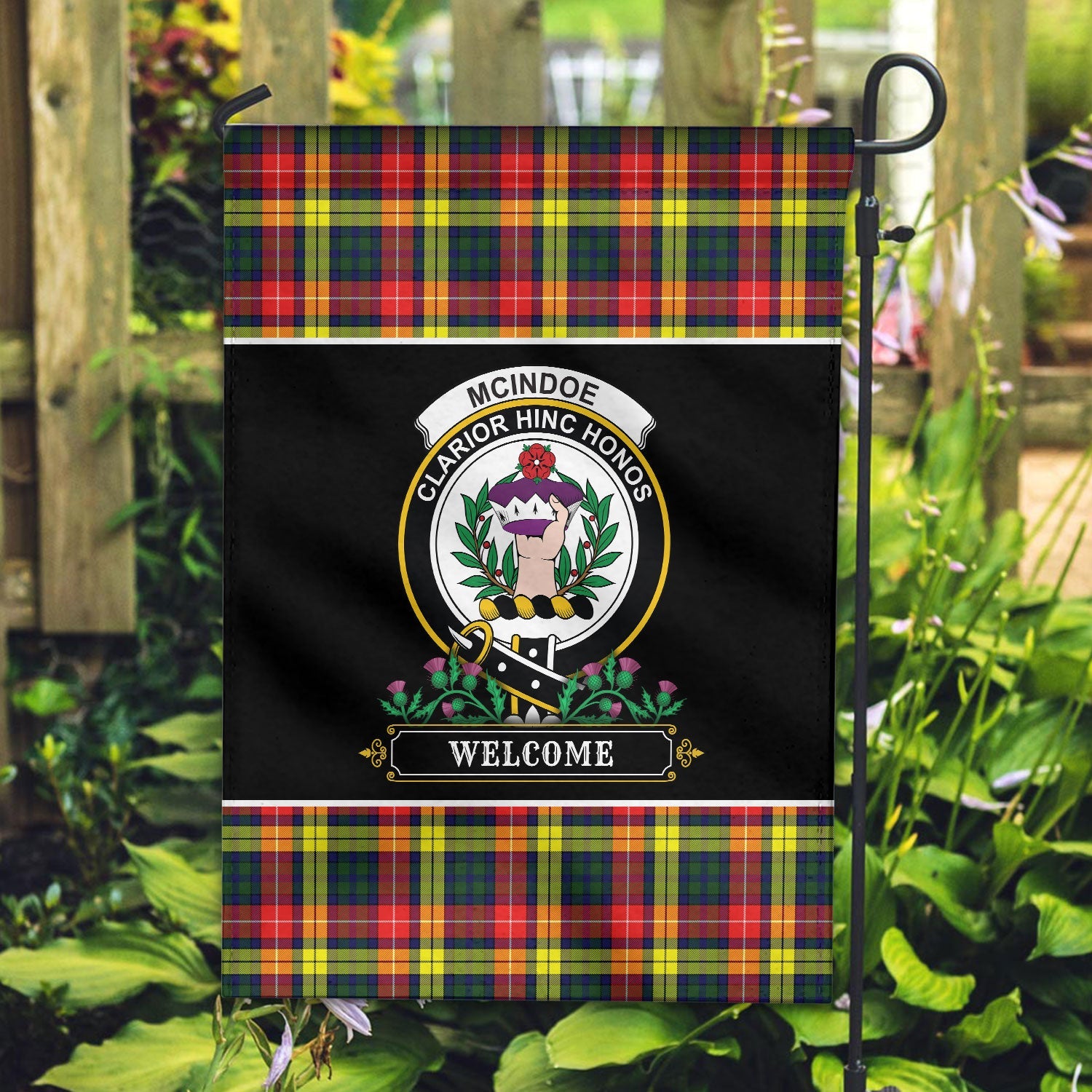 Clan McIndoe Tartan Crest Garden Flag  - Welcome  WU24 Clan Garden Tartan Today   