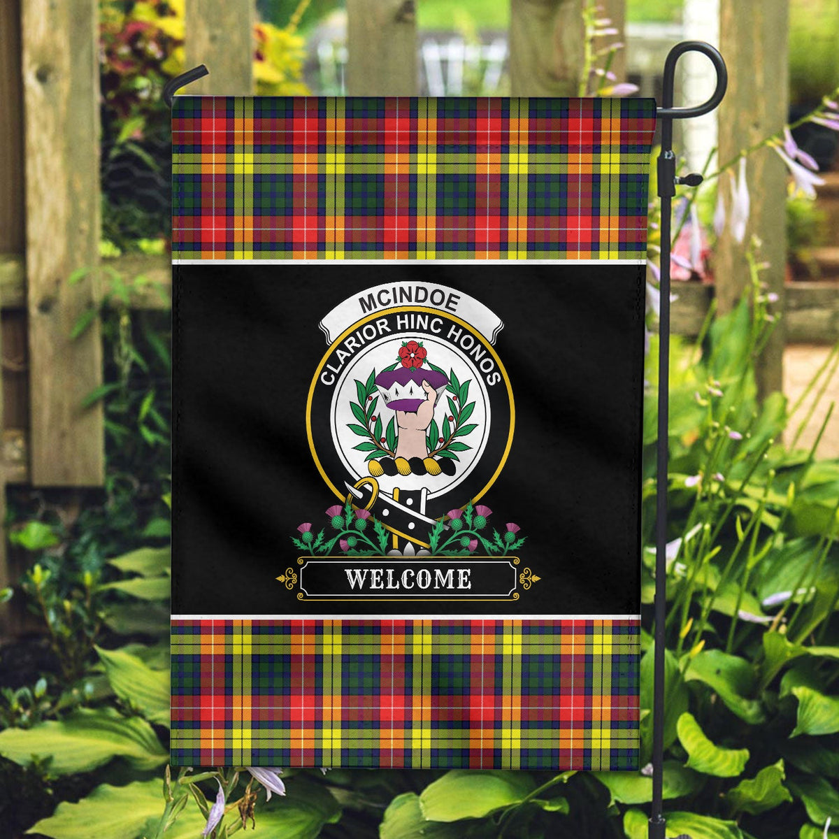 Clan McIndoe Tartan Crest Garden Flag  - Welcome  WU24 Clan Garden Tartan Today   