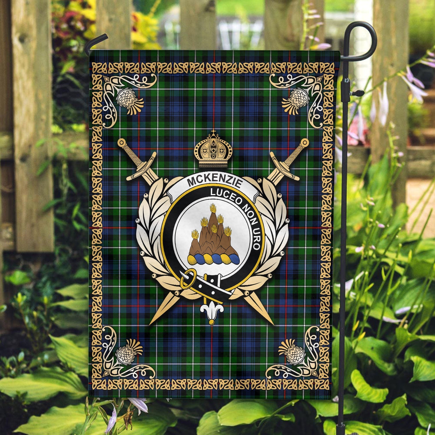 Clan McKenzie Tartan Crest Garden Flag  - Celtic Thistle  SI89 Clan Garden Tartan Today   