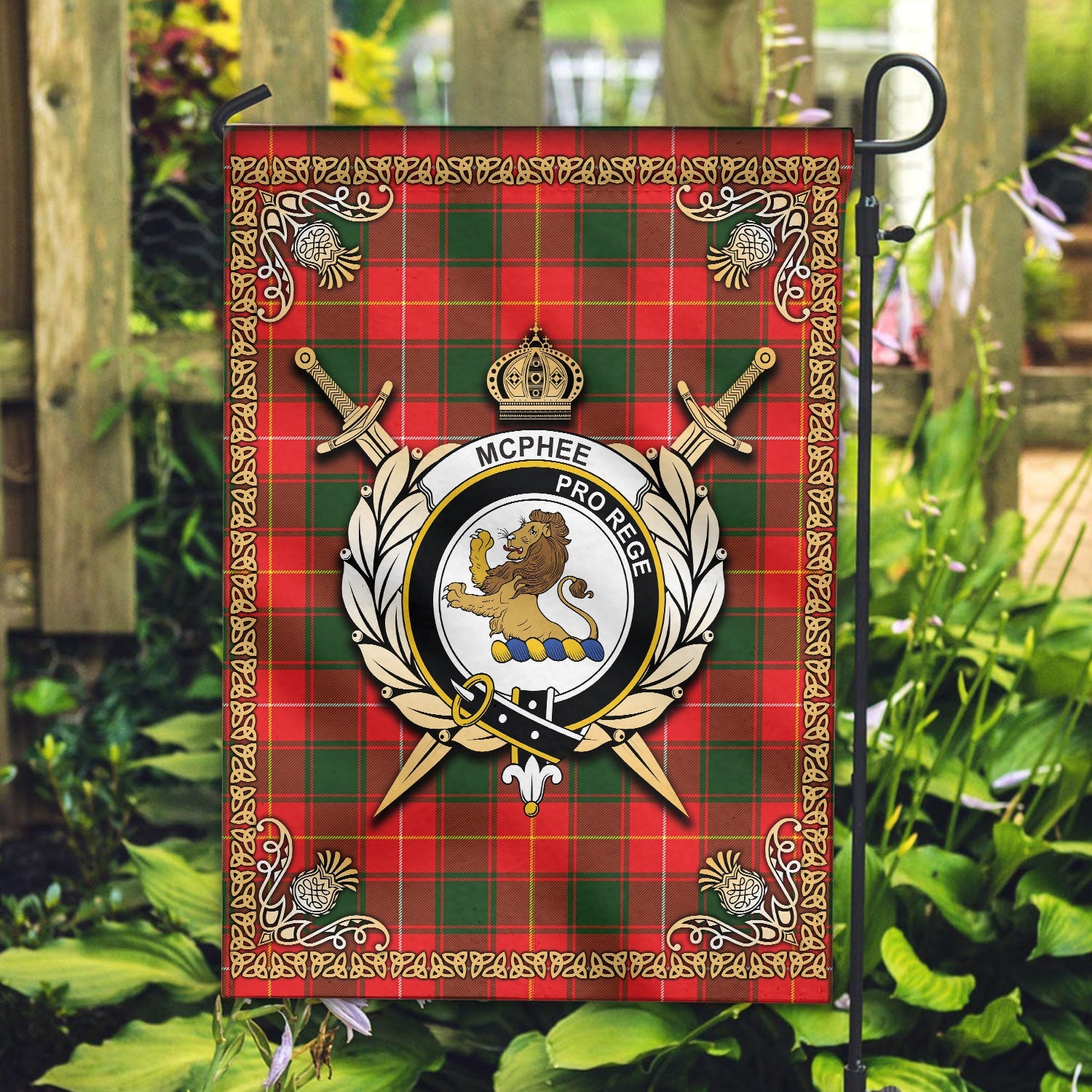 Clan McPhee Tartan Crest Garden Flag  - Celtic Thistle  ZH76 Clan Garden Tartan Today   