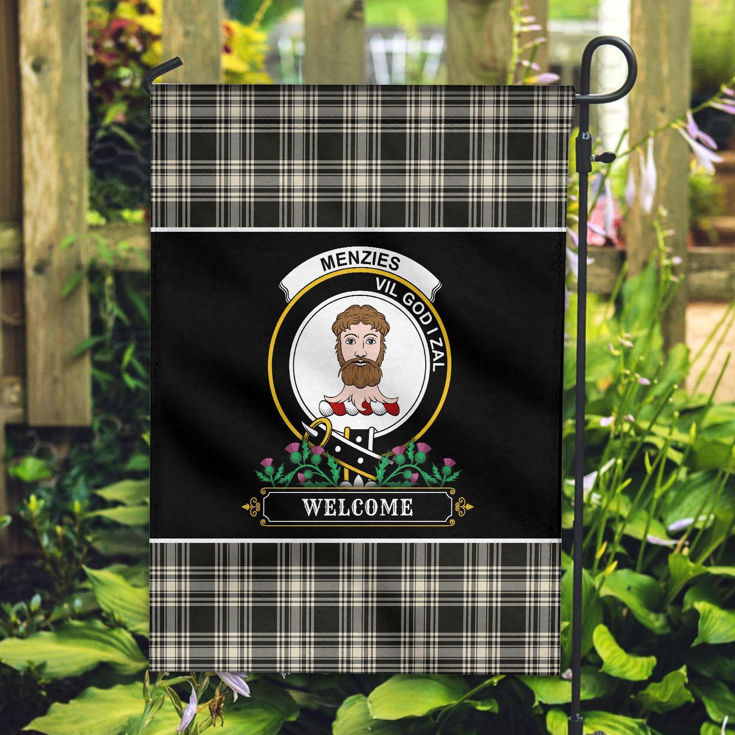 Clan Menzies Black _ White Ancient Tartan Crest Garden Flag  - Welcome  TM42 Clan Menzies Tartan Today   
