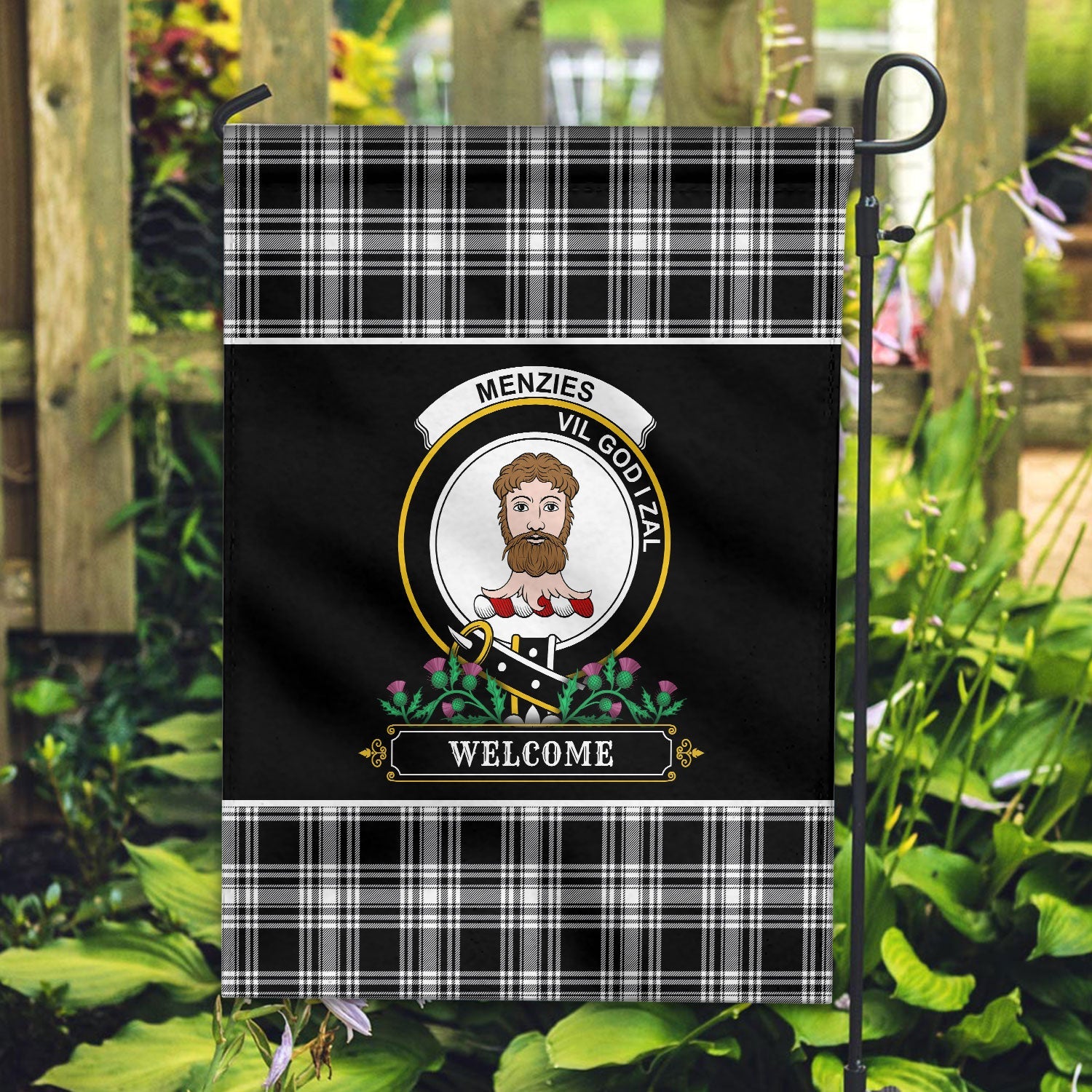 Clan Menzies Black _ White Modern Tartan Crest Garden Flag  - Welcome  DI48 Clan Menzies Tartan Today   