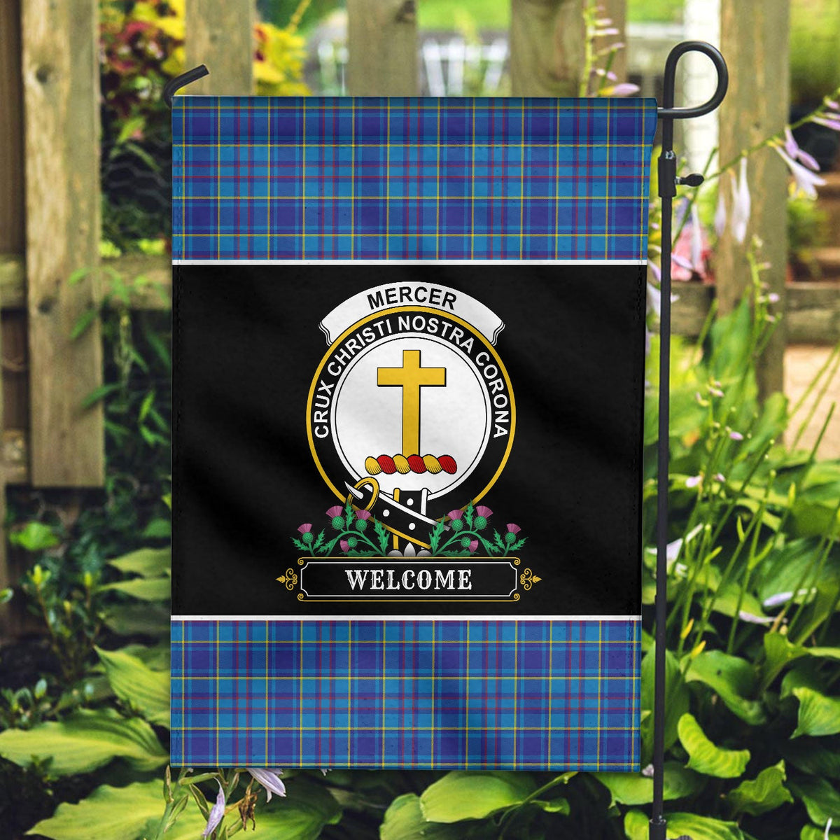 Clan Mercer Modern Tartan Crest Garden Flag  - Welcome  KM85 Clan Mercer Tartan Today   