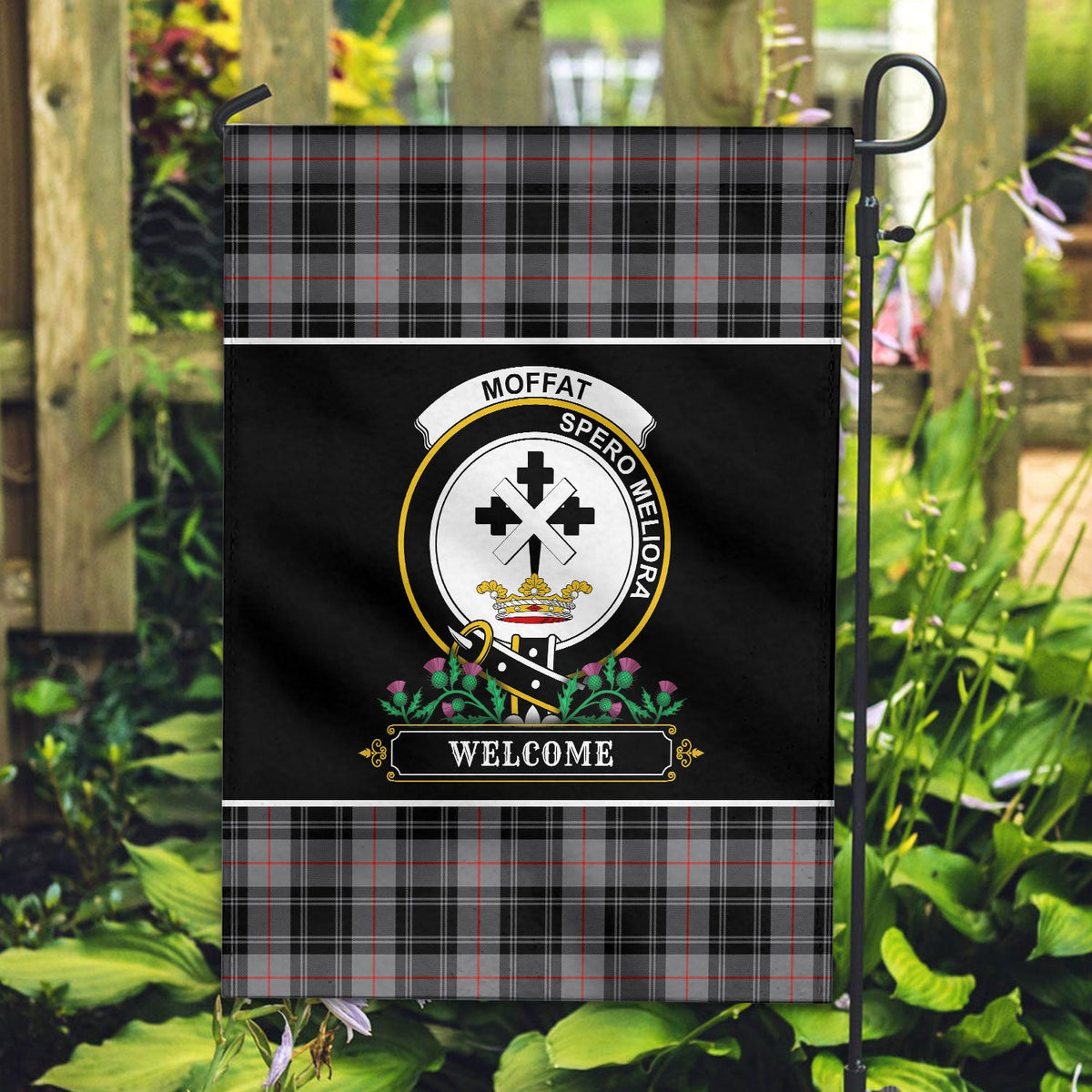 Clan Moffat Modern Tartan Crest Garden Flag  - Welcome  SA77 Clan Moffat Tartan Today   