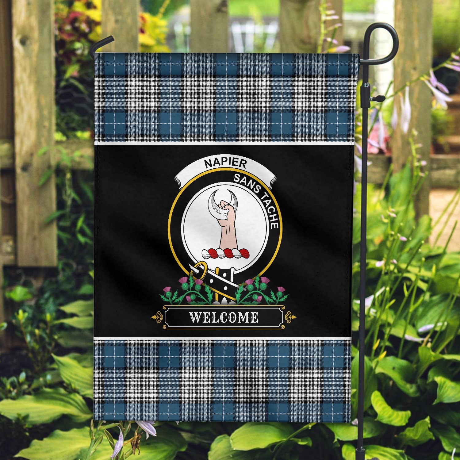 Clan Napier Modern Tartan Crest Garden Flag  - Welcome  VO22 Clan Napier Tartan Today   