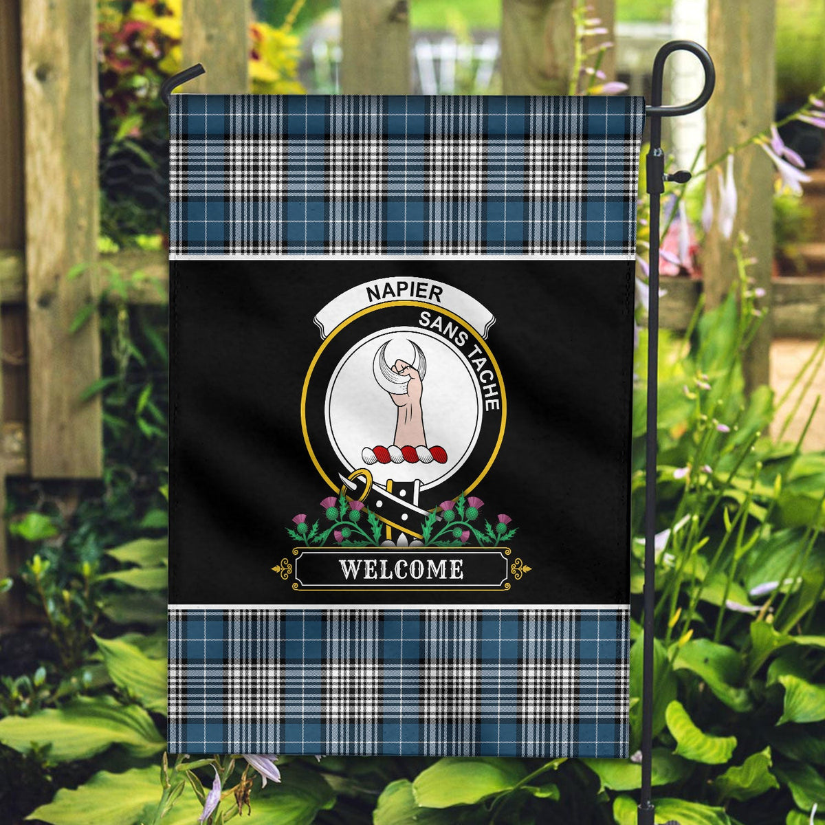 Clan Napier Modern Tartan Crest Garden Flag  - Welcome  VO22 Clan Napier Tartan Today   