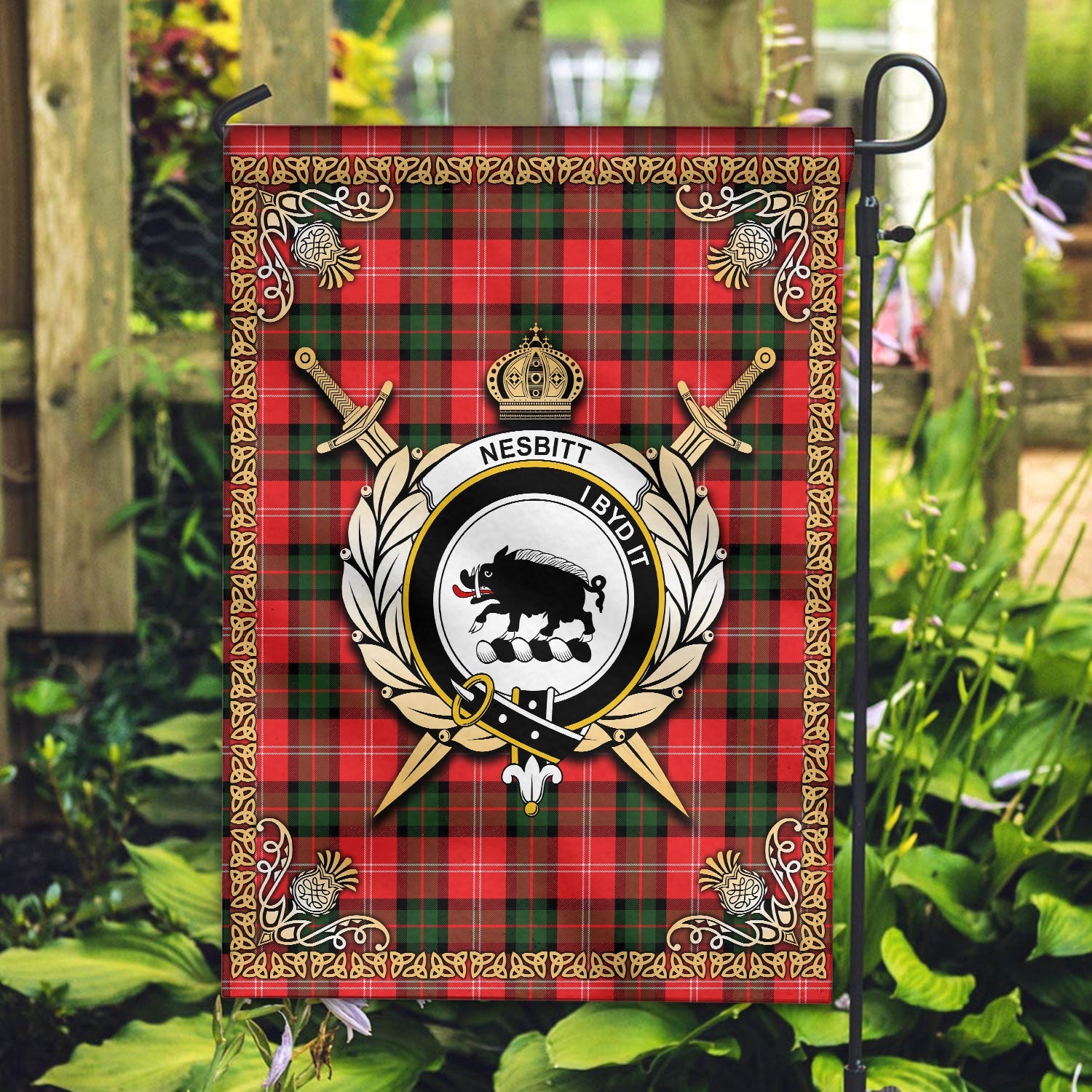 Clan Nesbitt Modern Tartan Crest Garden Flag  - Celtic Thistle  RE57 Clan Nesbitt Tartan Today   