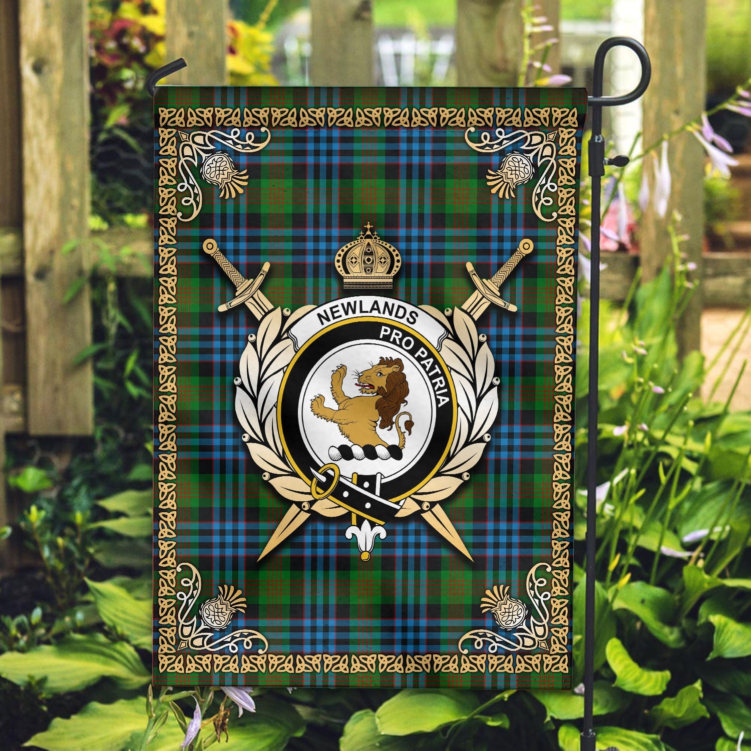 Clan Newlands Tartan Crest Garden Flag  - Celtic Thistle  RO61 Clan Newlands Tartan Today   