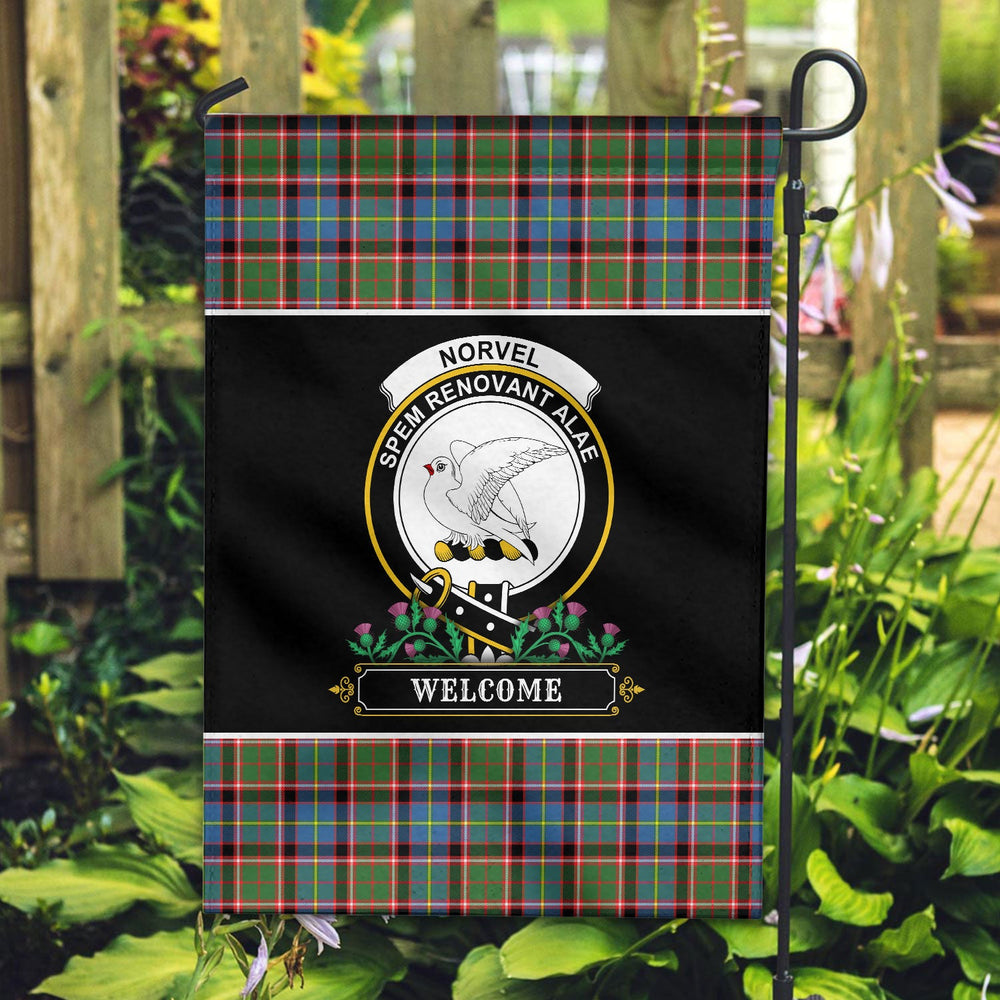 Clan Norvel (or Norvill) Tartan Crest Garden Flag  - Welcome  UQ56 Clan Norvel Tartan Today   