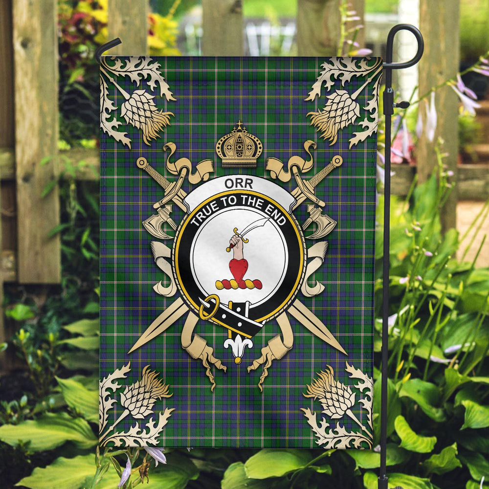 Clan Orr Tartan Crest Black Garden Flag  - Gold Thistle  CI60 Clan Garden Tartan Today   