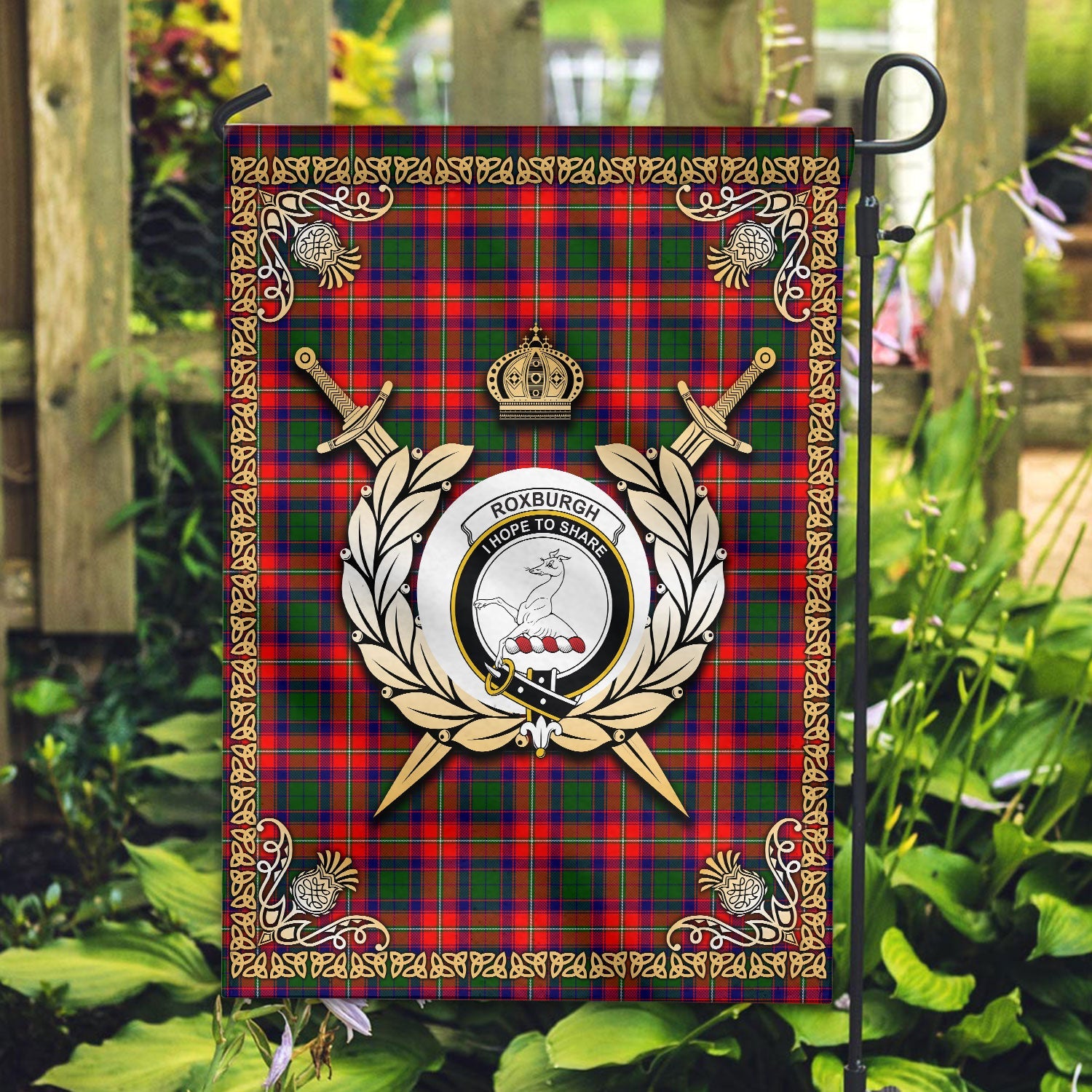 Clan Roxburgh District Tartan Crest Garden Flag  - Celtic Thistle  JL83 Clan Garden Tartan Today   