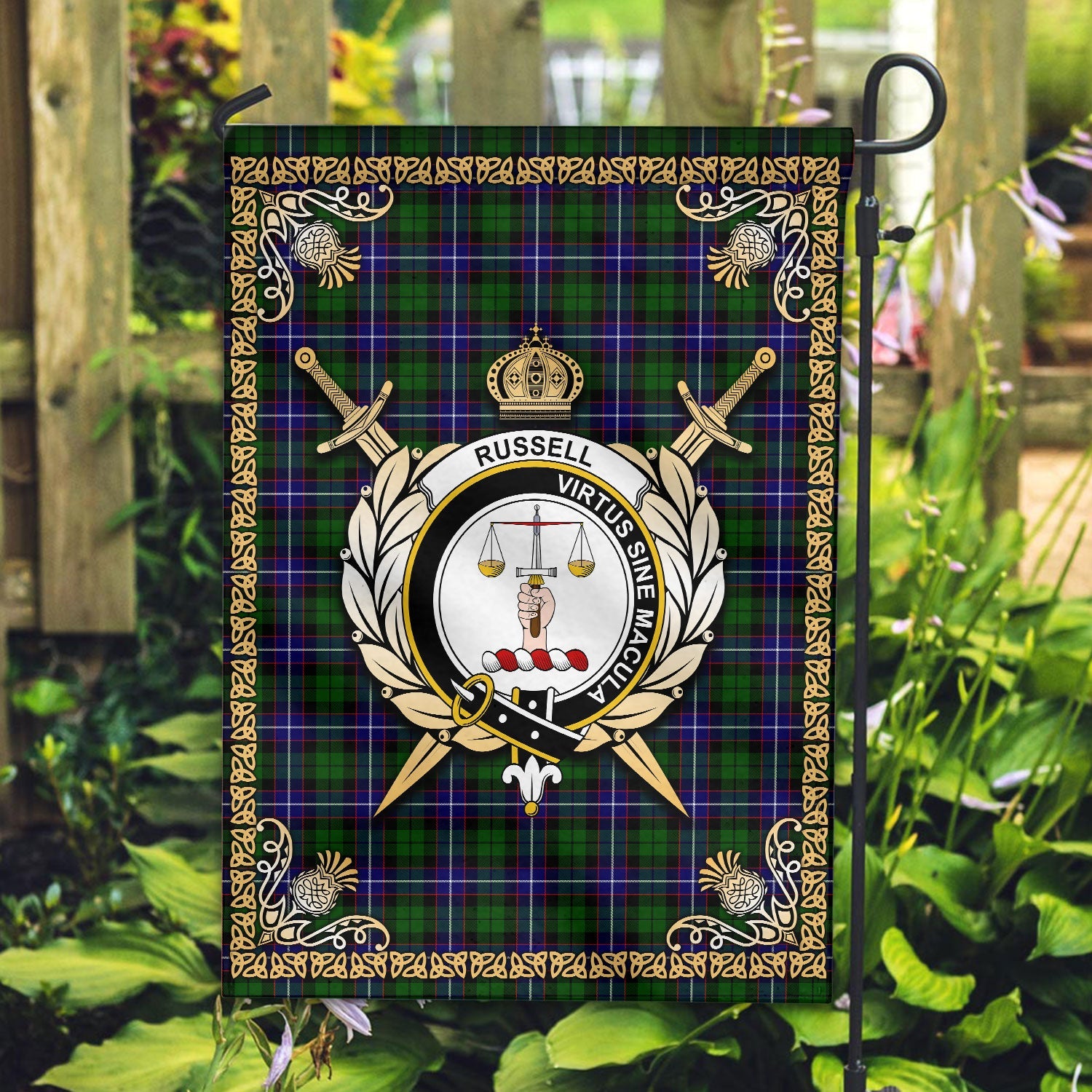 Clan Russell Modern Tartan Crest Garden Flag  - Celtic Thistle  ZO43 Clan Russell Tartan Today   