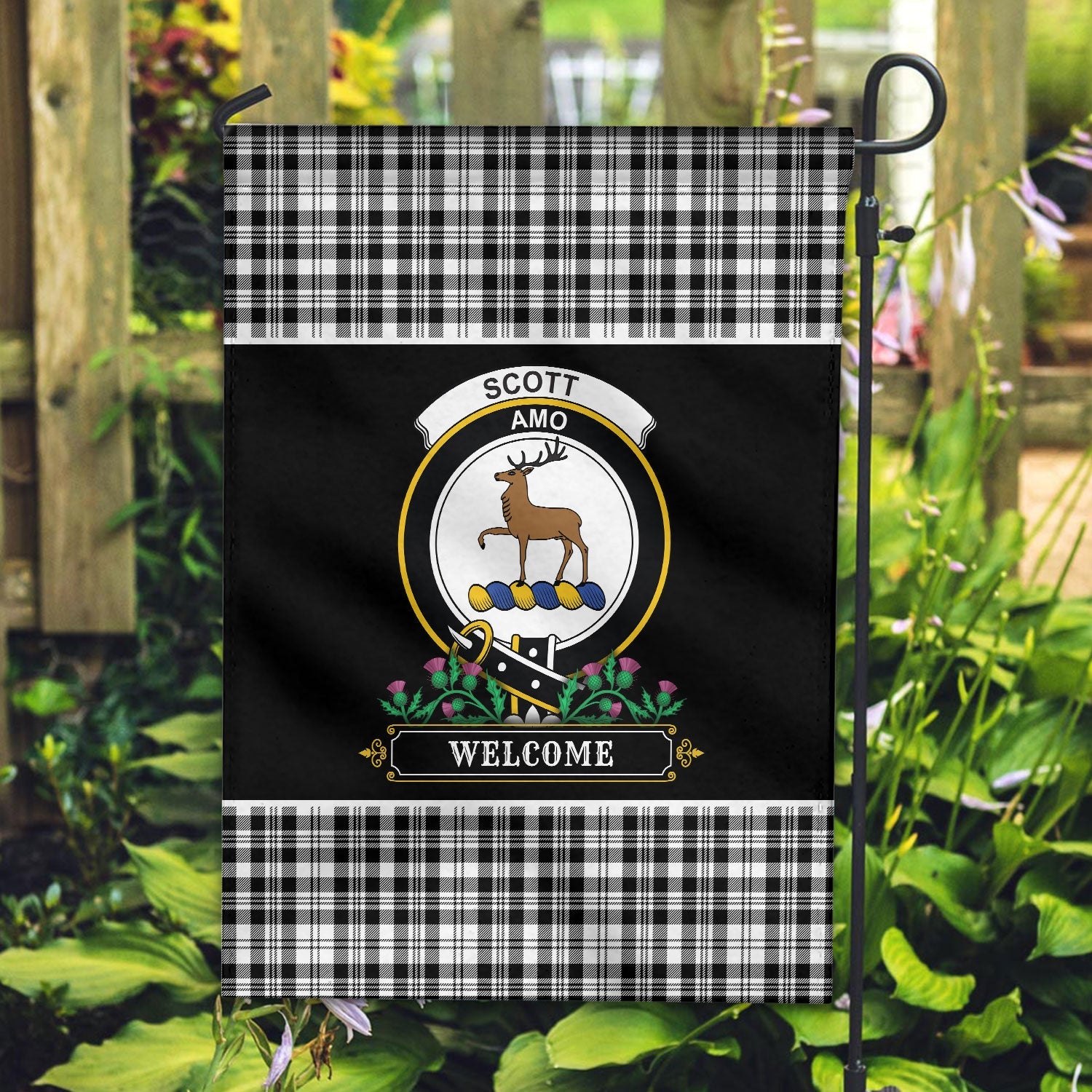 Clan Scott Black & White Modern Tartan Crest Garden Flag  - Welcome  YH30 Clan Scott (Scott Tartan) Tartan Today   