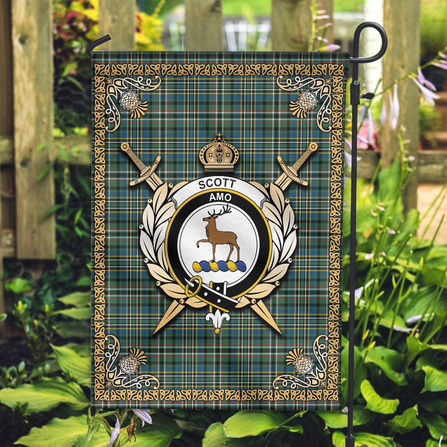 Clan Scott Green Ancient Tartan Crest Garden Flag  - Celtic Thistle  IS64 Clan Scott (Scott Tartan) Tartan Today   