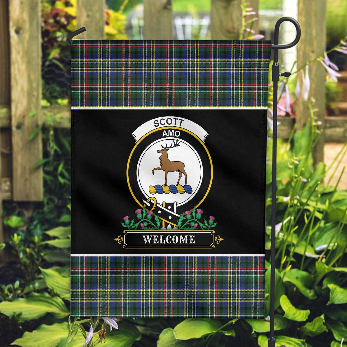 Clan Scott Green Modern Tartan Crest Garden Flag  - Welcome  TM84 Clan Scott (Scott Tartan) Tartan Today   