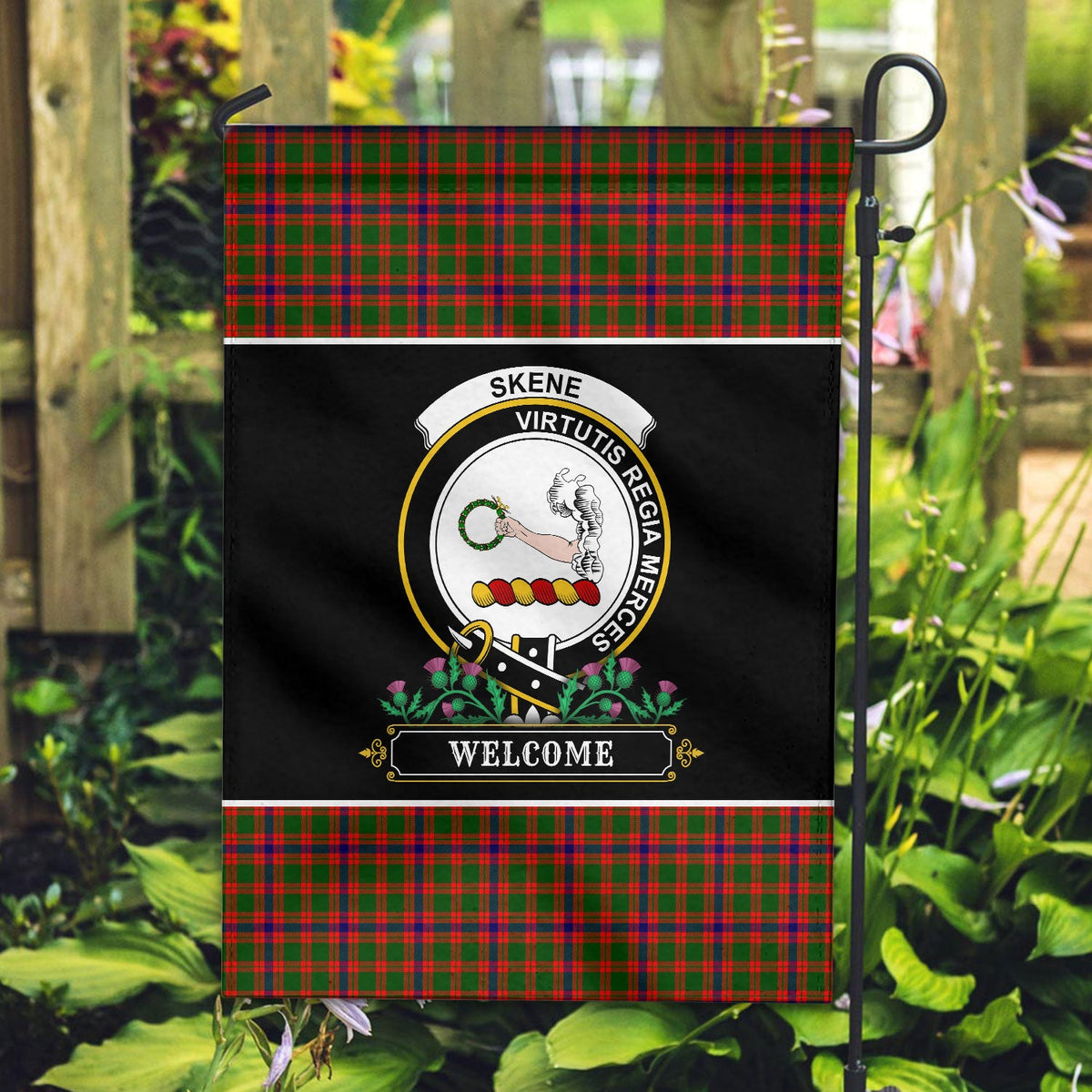 Clan Skene Modern Tartan Crest Garden Flag  - Welcome  JA58 Clan Skene Tartan Today   