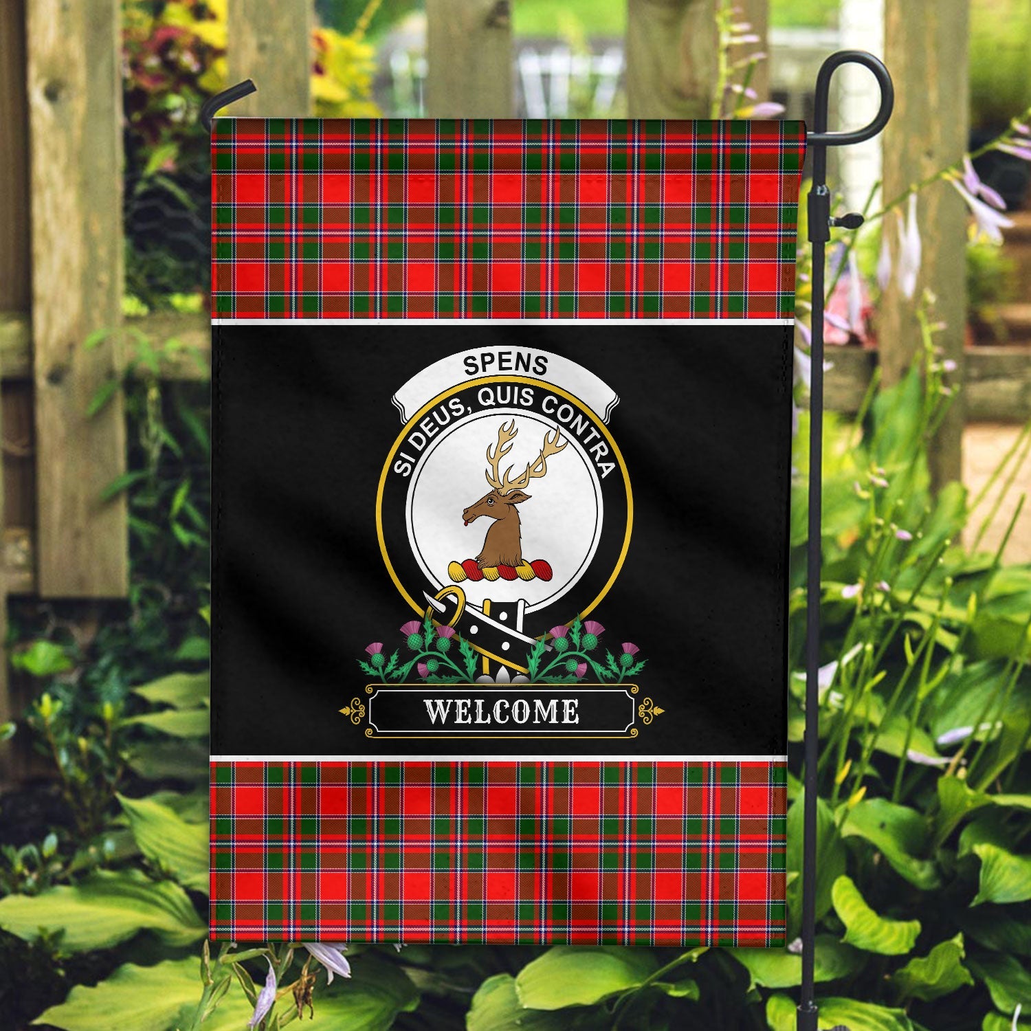 Clan Spens (or Spence) Tartan Crest Garden Flag  - Welcome  NV88 Clan Spens Tartan Today   