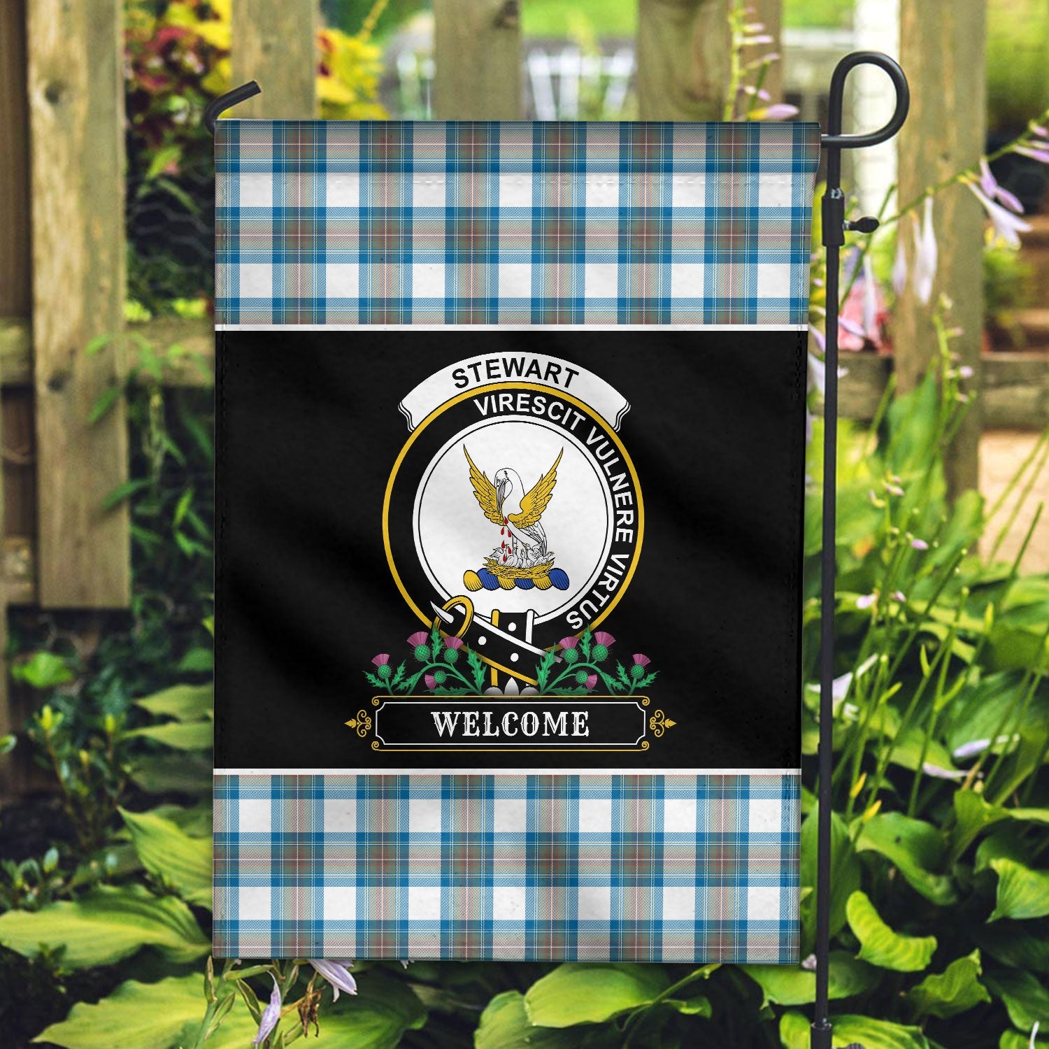 Clan Stewart Muted Blue Tartan Crest Garden Flag  - Welcome  AI79 Clan Stewart Tartan Today   