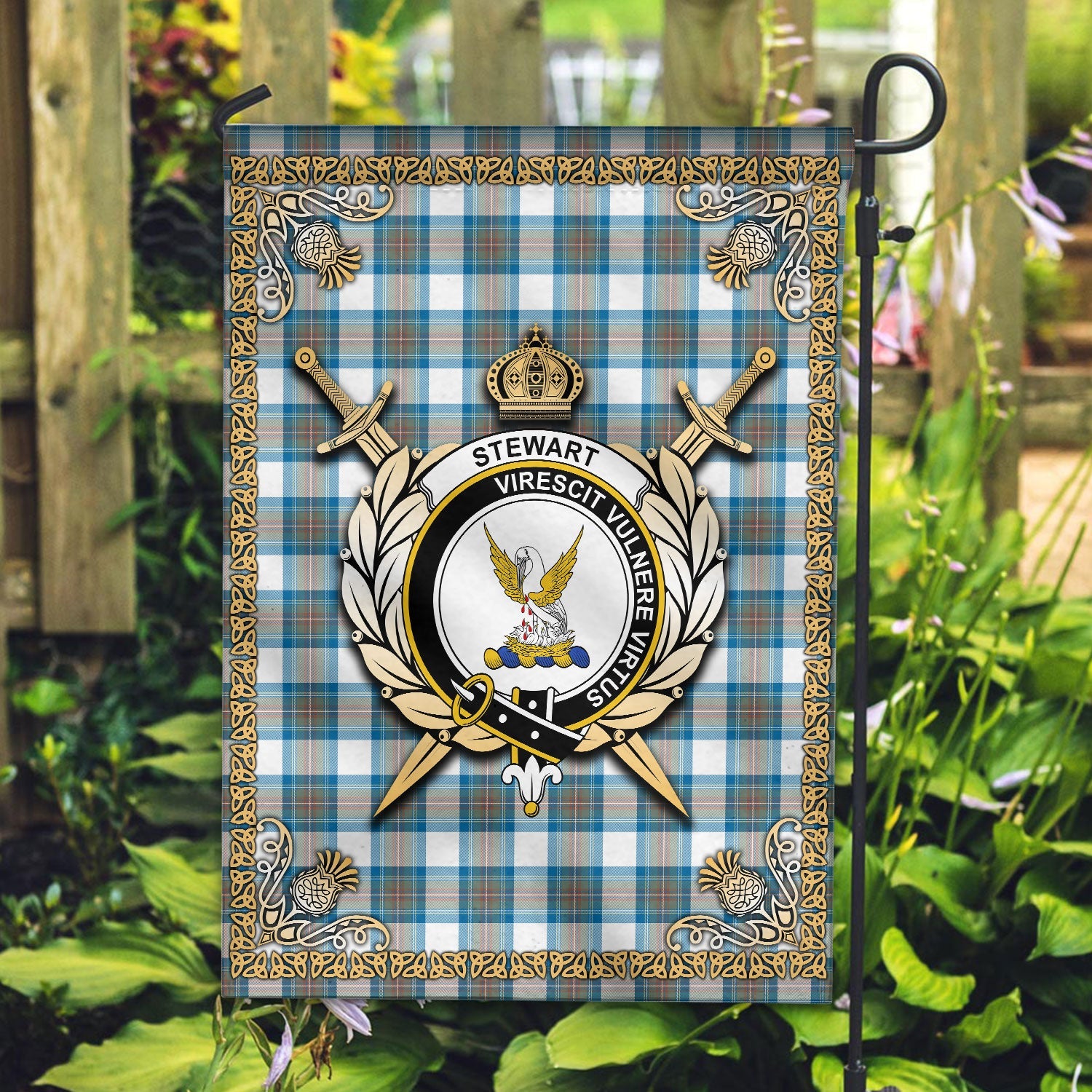Clan Stewart Muted Blue Tartan Crest Garden Flag  - Celtic Thistle  MC37 Clan Stewart Tartan Today   