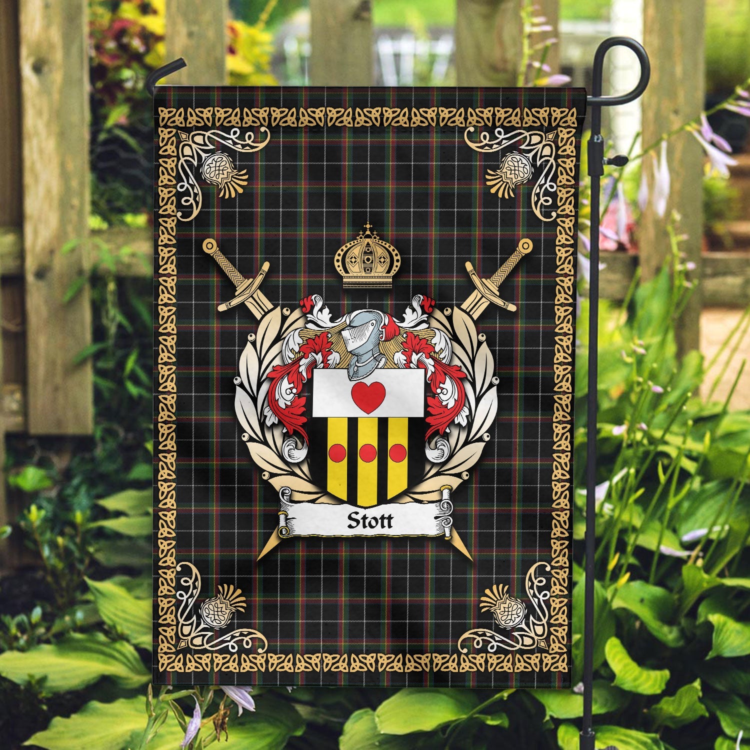 Clan Stott Tartan Crest Garden Flag  - Celtic Thistle  ME61 Clan Garden Tartan Today   