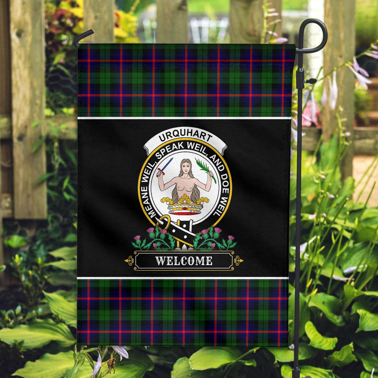 Clan Urquhart Modern Tartan Crest Garden Flag  - Welcome  CA99 Clan Urquhart Tartan Today   