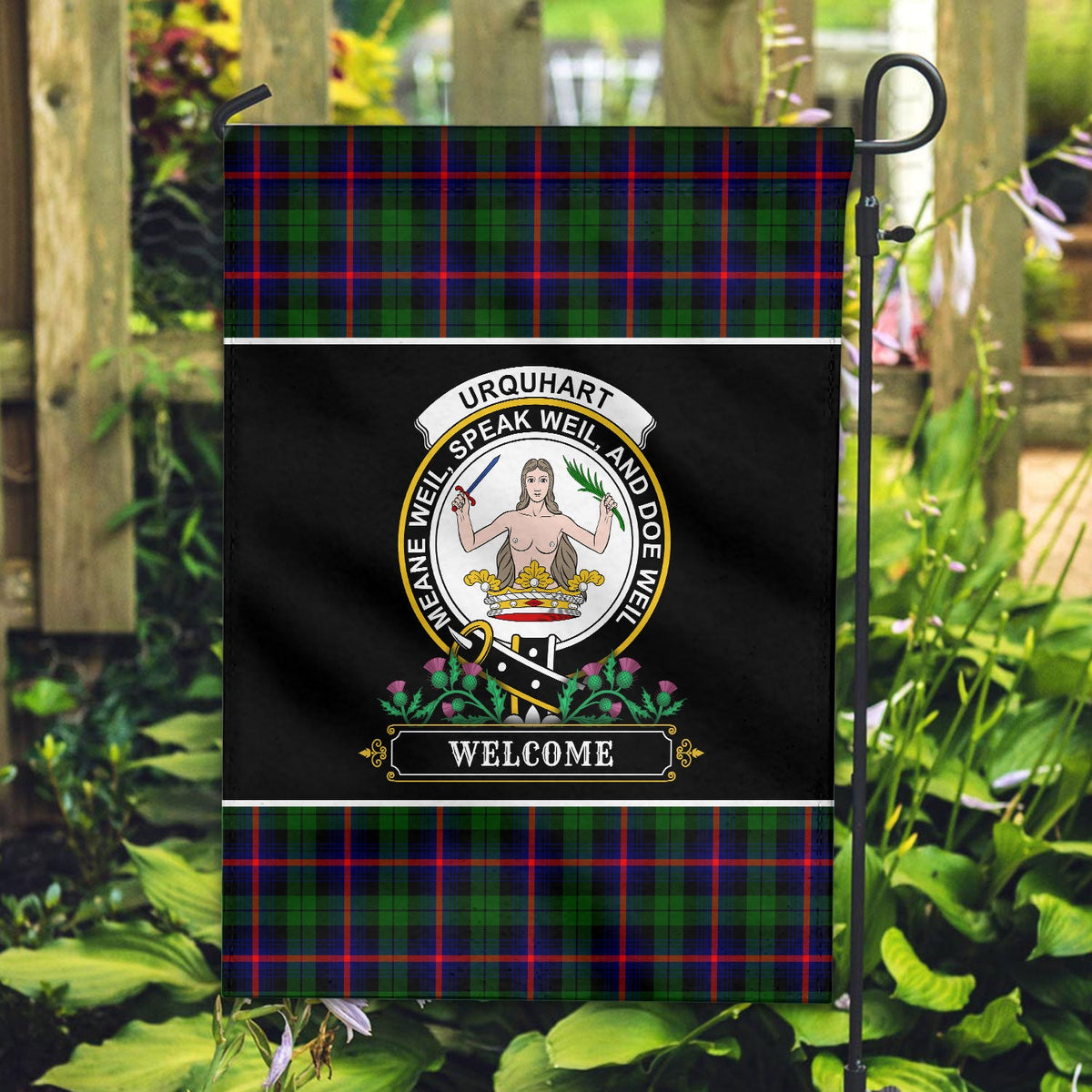 Clan Urquhart Modern Tartan Crest Garden Flag  - Welcome  CA99 Clan Urquhart Tartan Today   