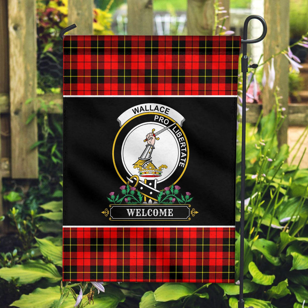 Clan Wallace Hunting Red Tartan Crest Garden Flag  - Welcome  TP20 Clan Wallace Tartan Today   