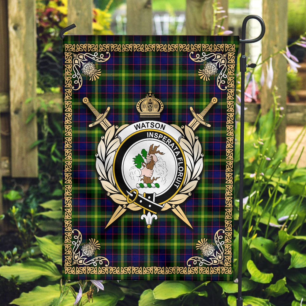Clan Watson Modern Tartan Crest Garden Flag  - Celtic Thistle  LL99 Clan Watson Tartan Today   