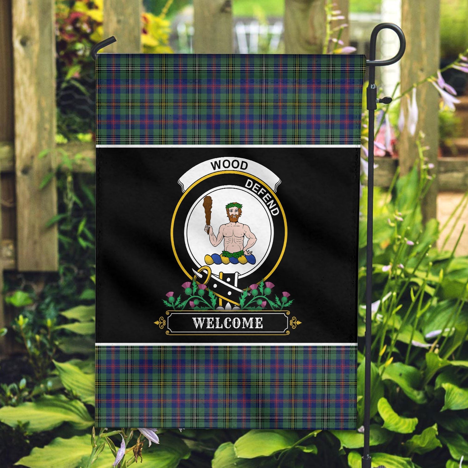 Clan Wood Tartan Crest Garden Flag  - Welcome  UK10 Clan Wood Tartan Today   