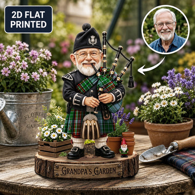 Personalized Gayre Clan Bagpipe Garden Gnome Caricature Plaque Custom Photo, Any Clan Tartan, Wood or Acrylic, Grandpa & Dad Gift, Scottish Highland Garden Decor AM68