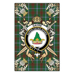 Clan Gayre Tartan Crest Black Garden Flag  - Gold Thistle  DZ74 Clan Gayre Tartan Today   