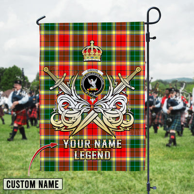 Custom Name Clan Gibbs Tartan Garden Flag with Clan Crest and the Golden Sword of Courageous Legacy