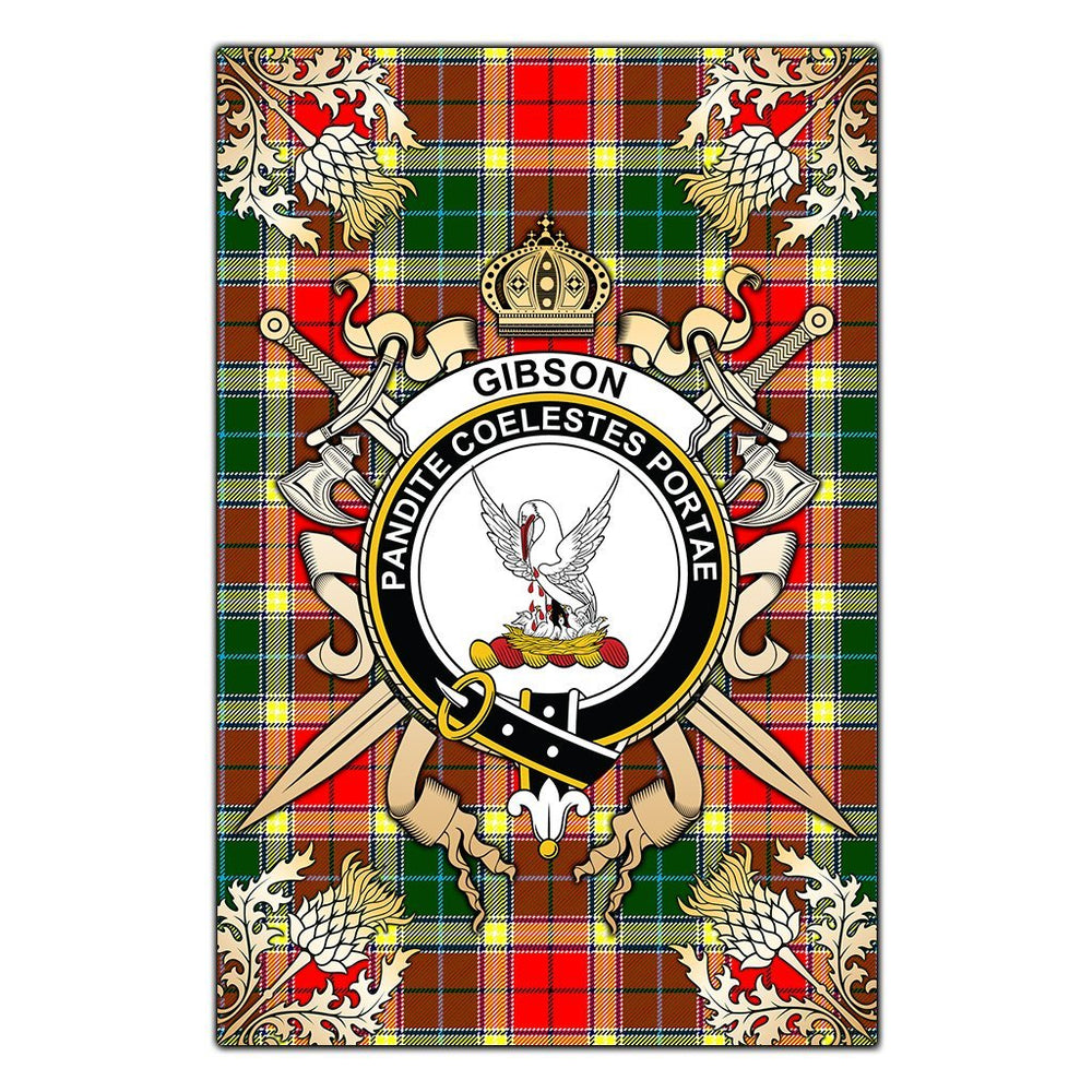 Clan Gibson Tartan Crest Black Garden Flag  - Gold Thistle  NS46 Clan Garden Tartan Today   