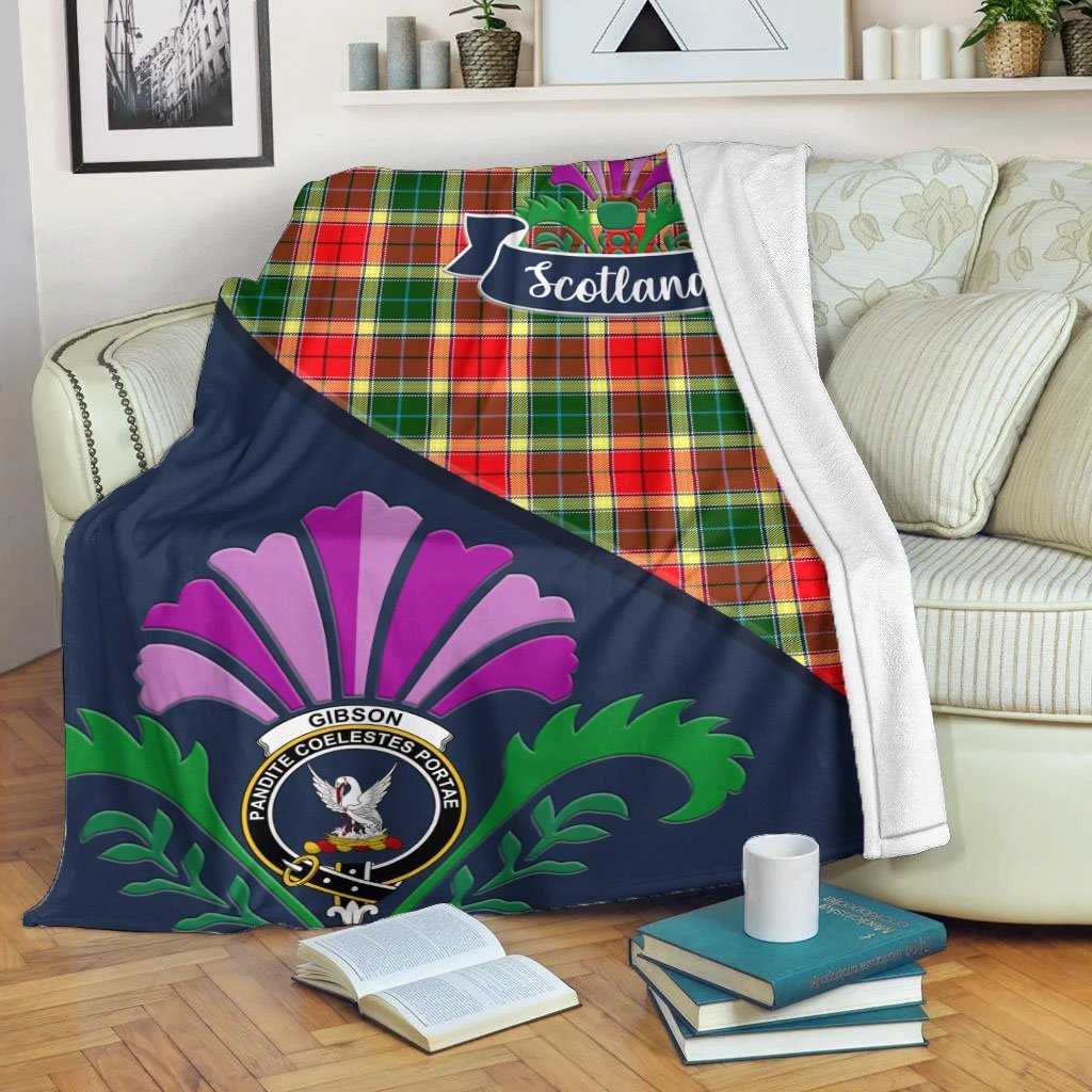 Clan Gibson Tartan Crest Premium Blanket Thistle Style IZ73 Clan Hall Tartan Today   